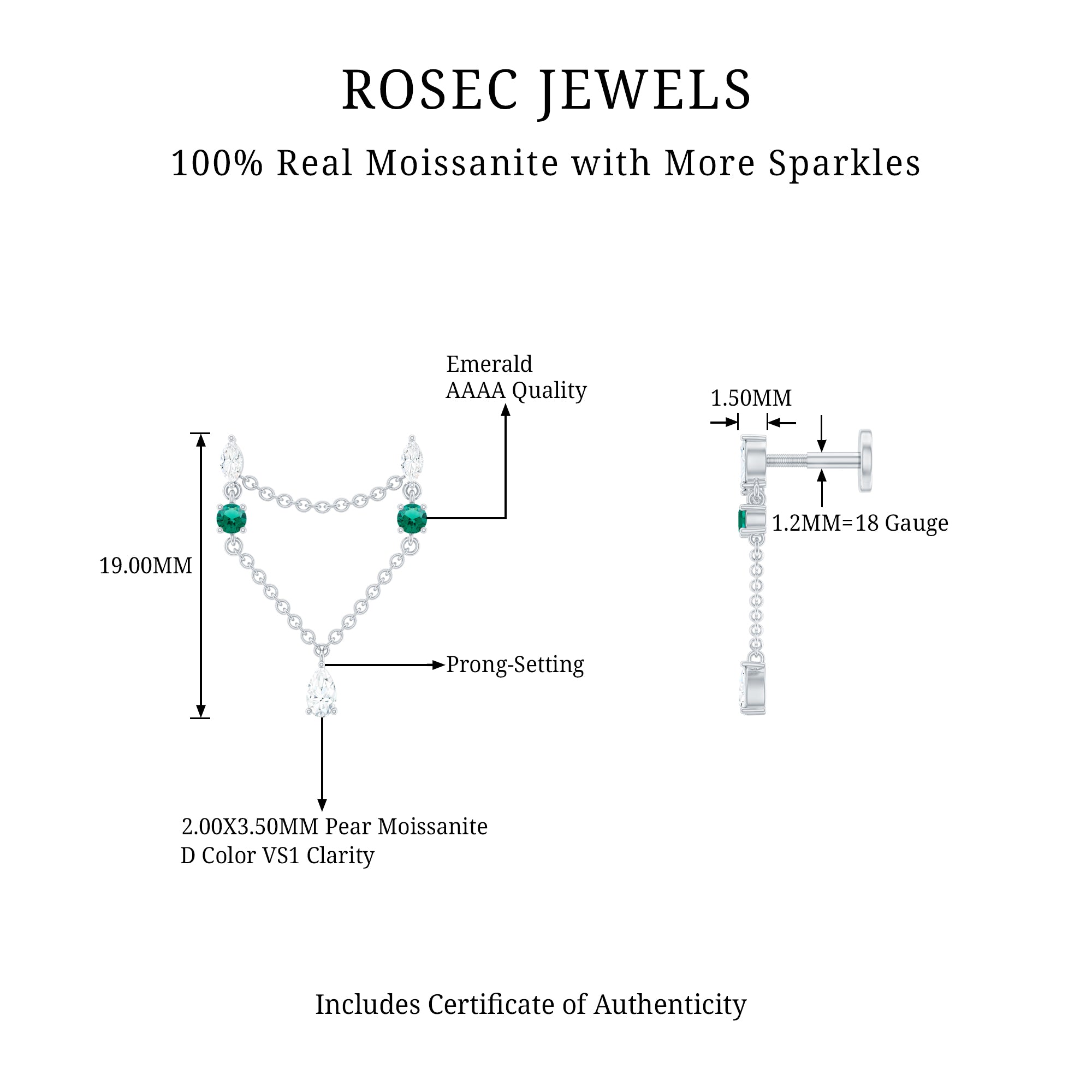 Moissanite Double Piercing Earring with Created Emerald AAAA - Rosec Jewels