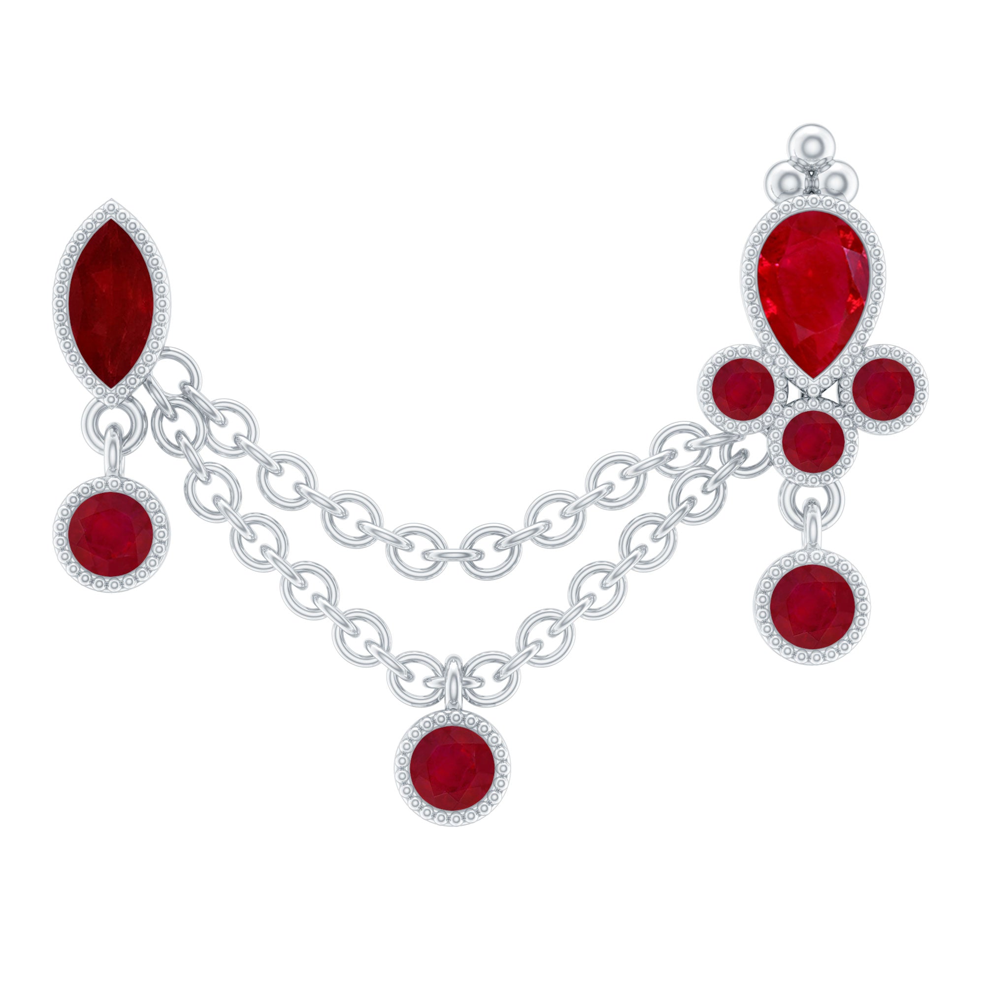 Natural Ruby Double Piercing Earring with Dangling Chain AAA - Rosec Jewels