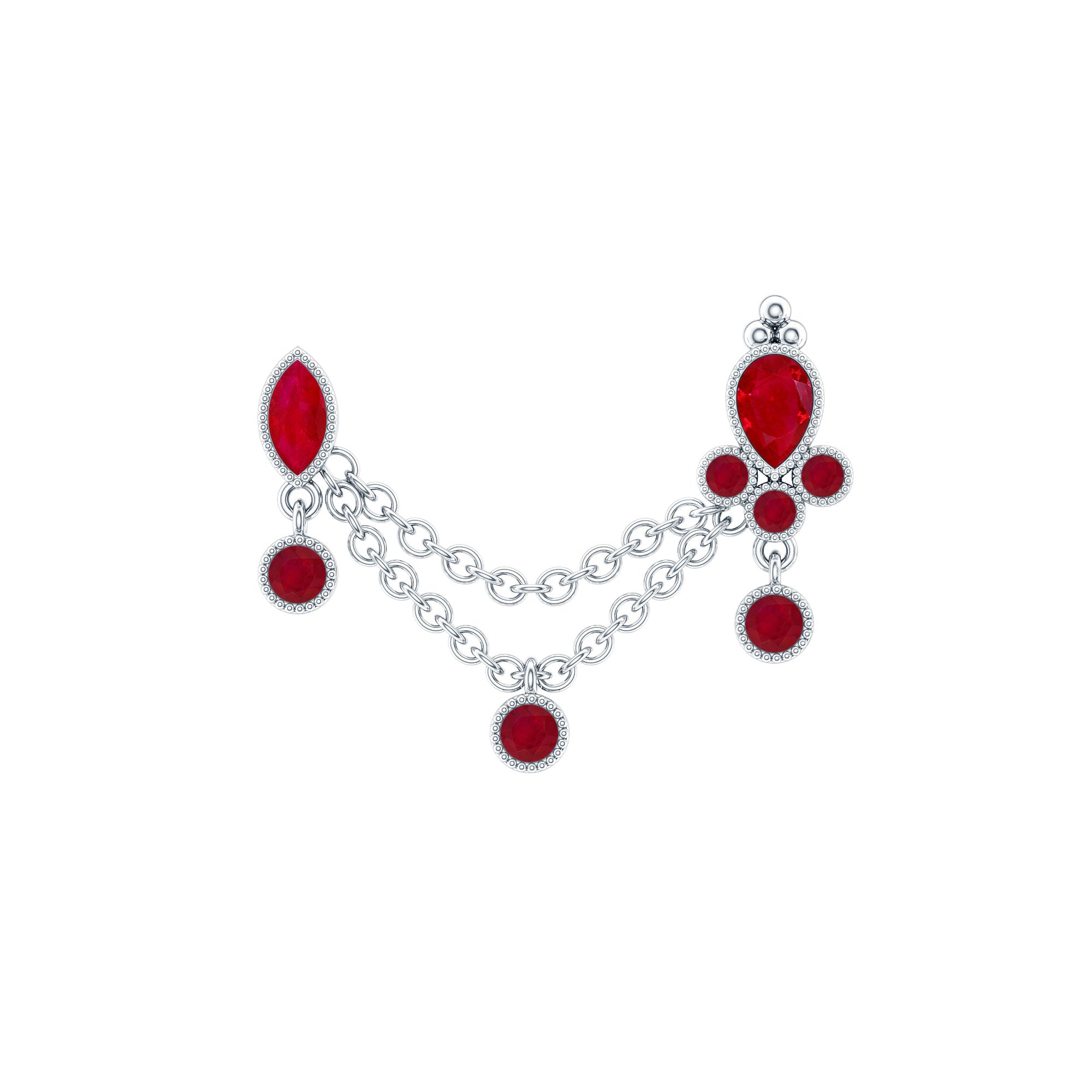 Natural Ruby Double Piercing Earring with Dangling Chain AAA - Rosec Jewels
