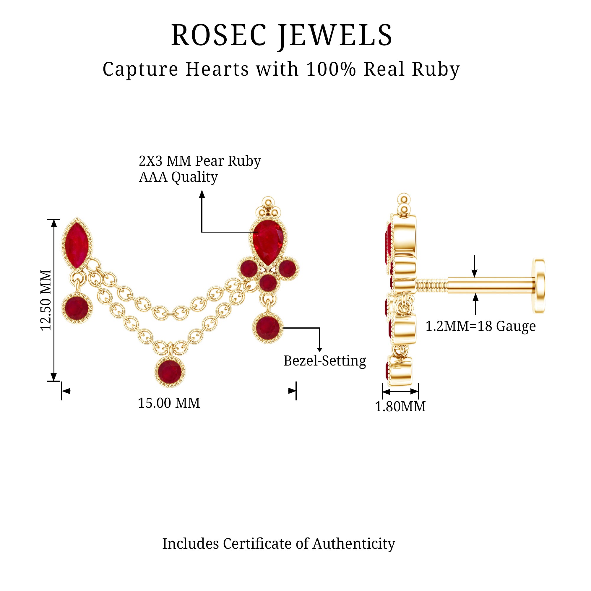 Natural Ruby Double Piercing Earring with Dangling Chain AAA - Rosec Jewels