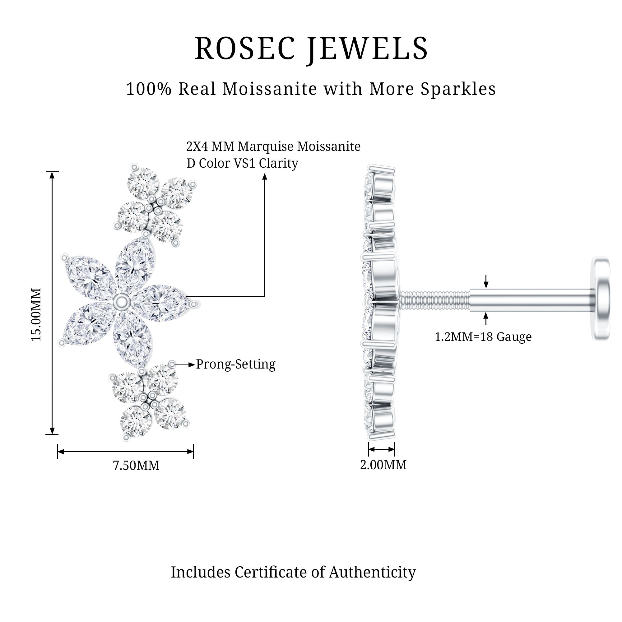 Certified Round Moissanite Flower Ear Crawler Earring D-VS1 - Rosec Jewels