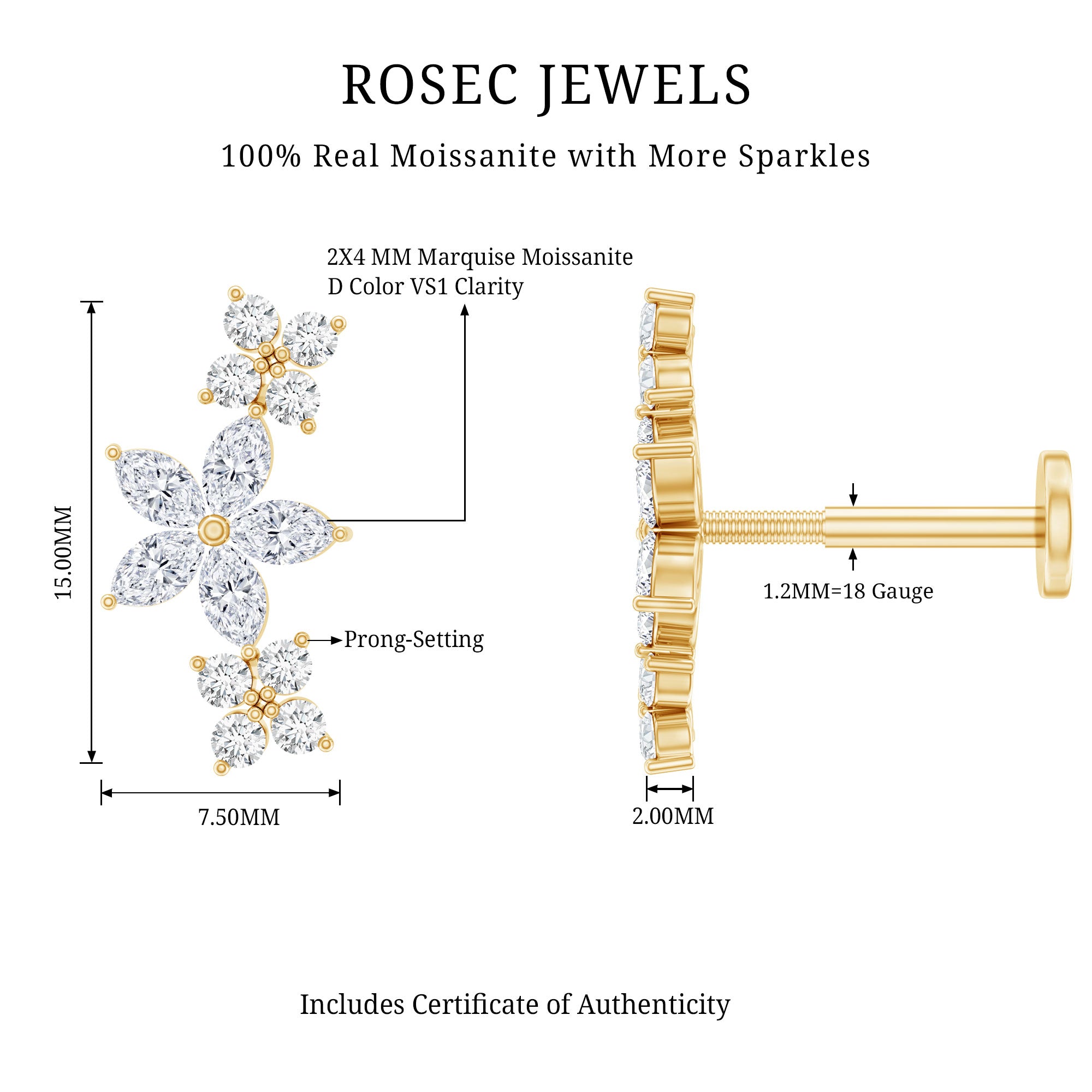 Certified Round Moissanite Flower Ear Crawler Earring D-VS1 - Rosec Jewels