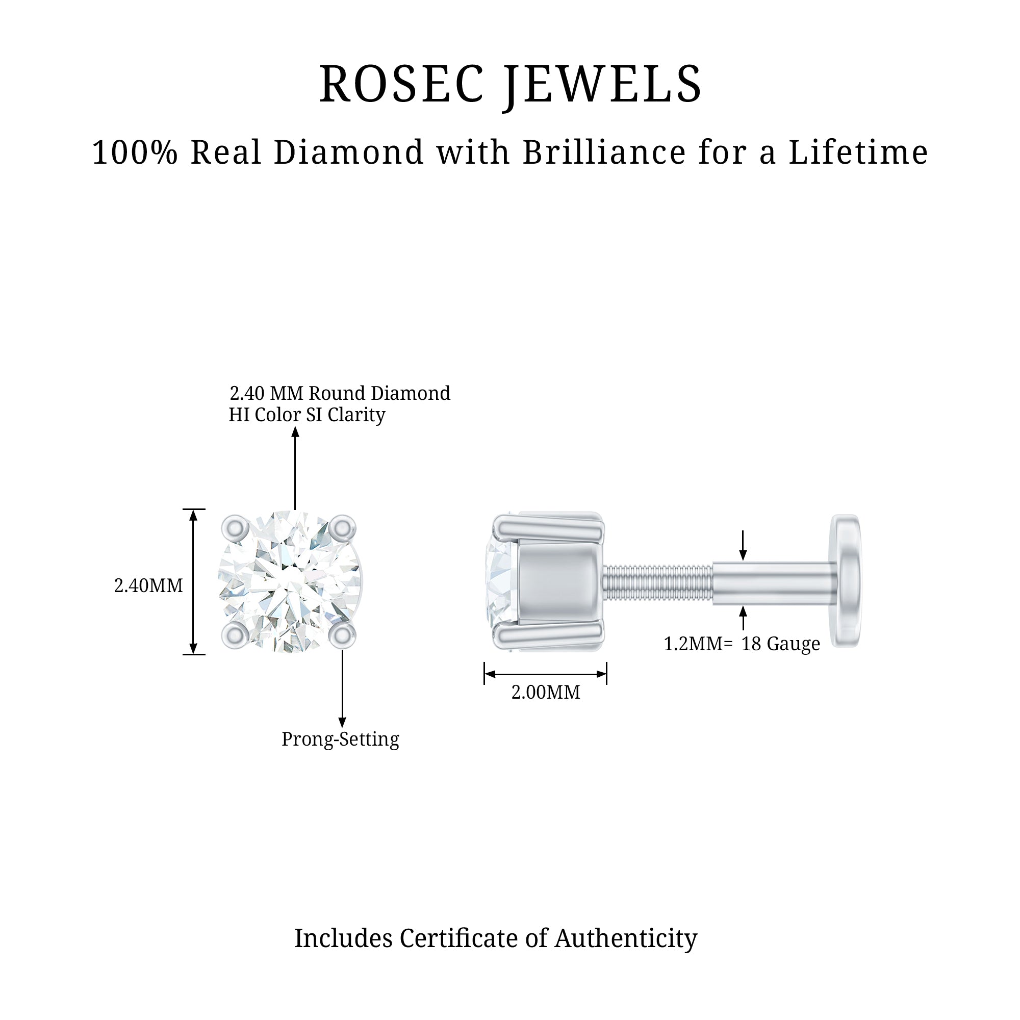 Dainty Round Diamond Conch Earring in Prong Setting Natural - ( HI-SI ) - Rosec Jewels
