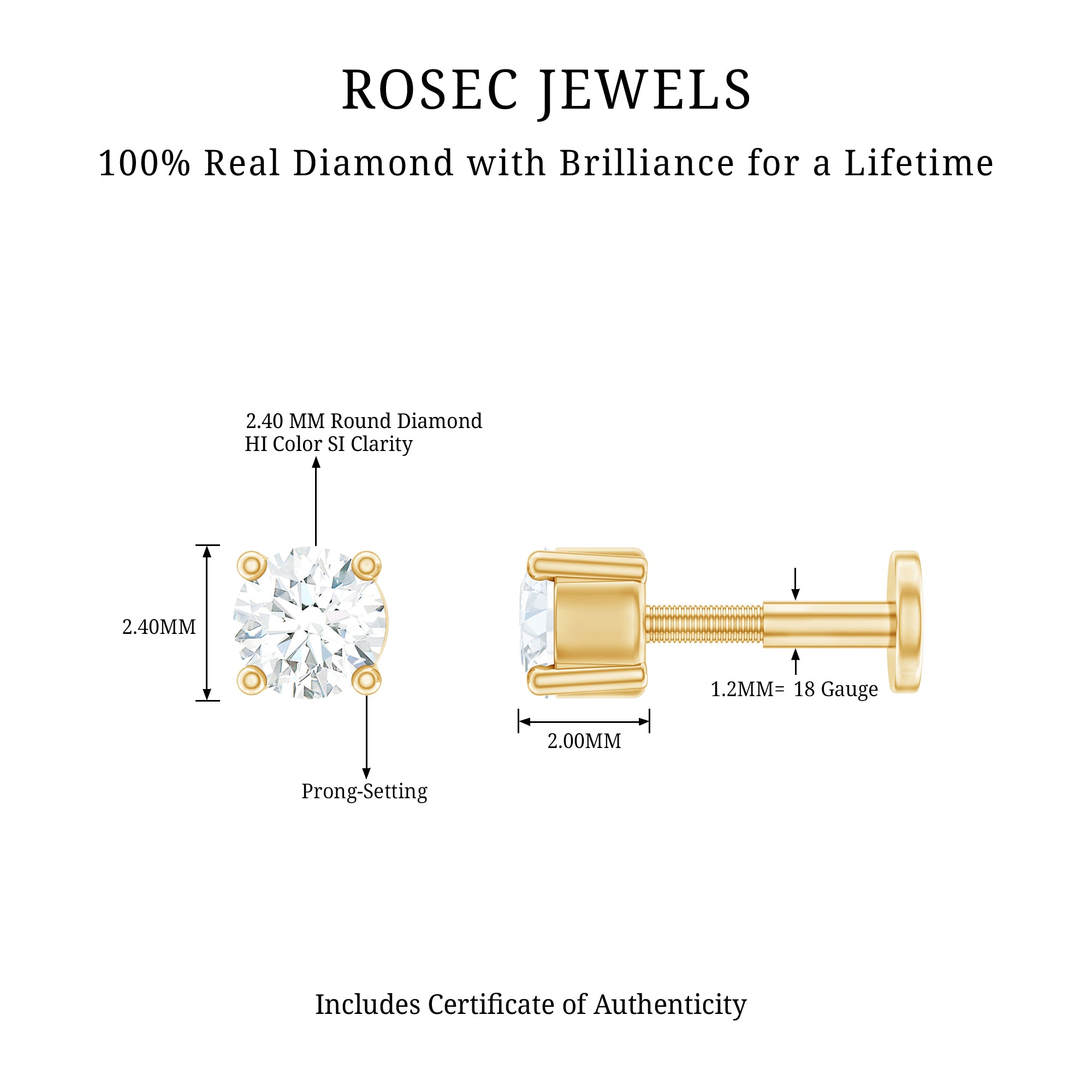 Dainty Round Diamond Conch Earring in Prong Setting Natural - ( HI-SI ) - Rosec Jewels