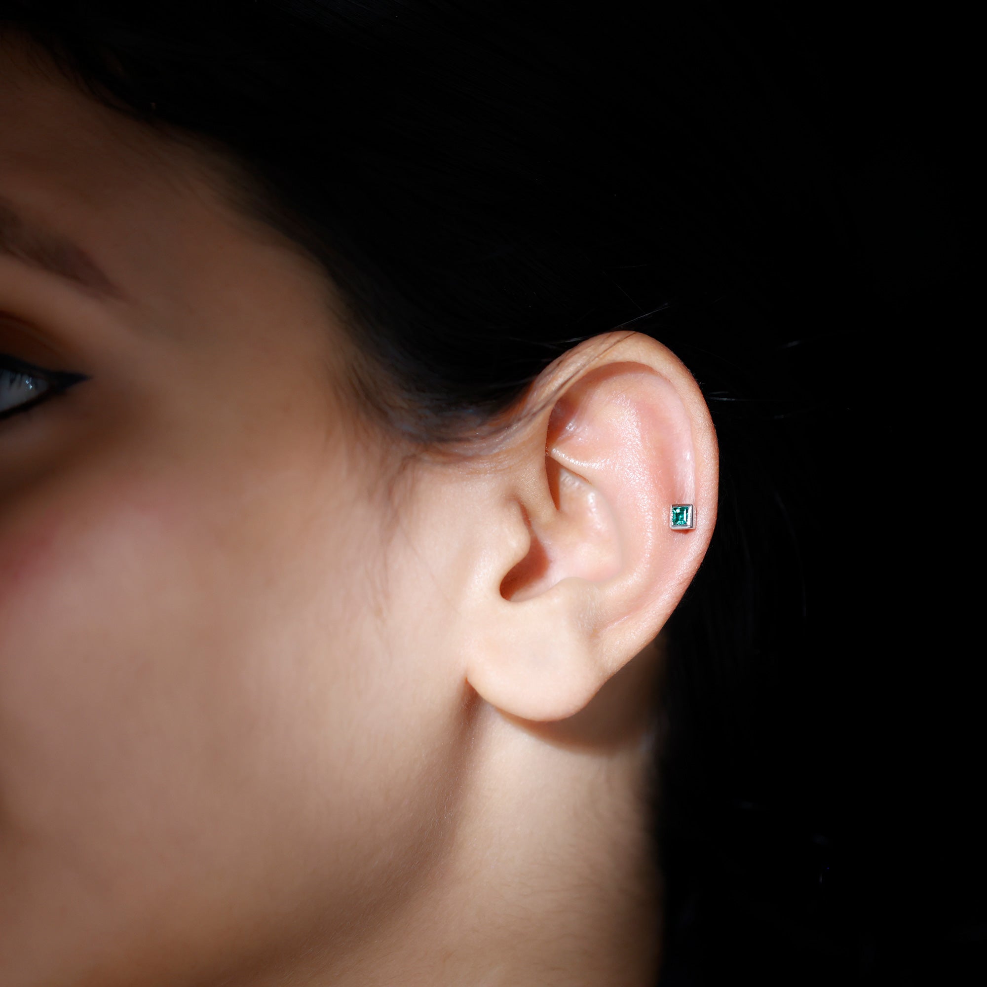 Princess Cut Emerald Helix Earring in Bezel Setting AAA - Rosec Jewels