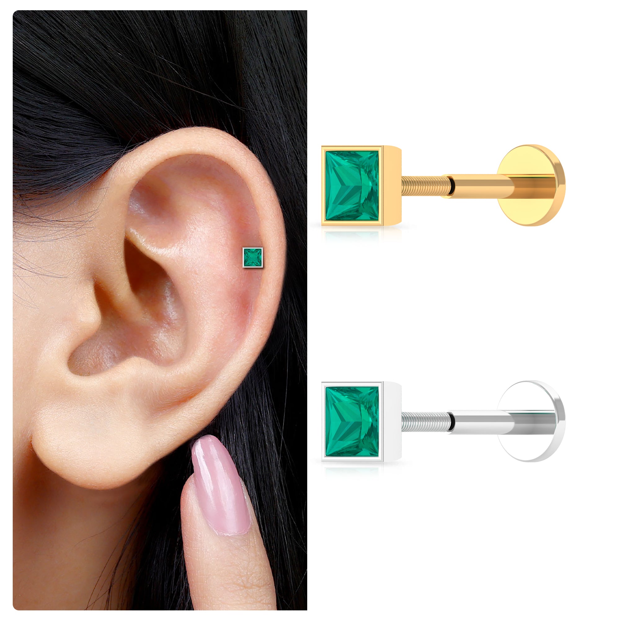 Princess Cut Emerald Helix Earring in Bezel Setting AAA - Rosec Jewels