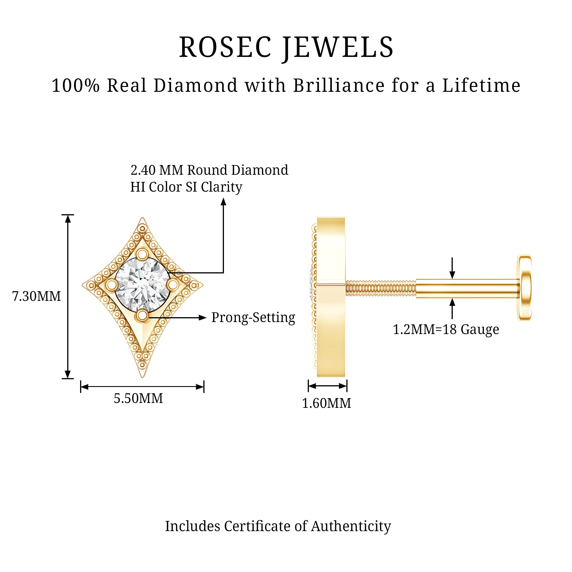 Diamond Kite Shape Tragus Earring Natural - ( HI-SI ) - Rosec Jewels