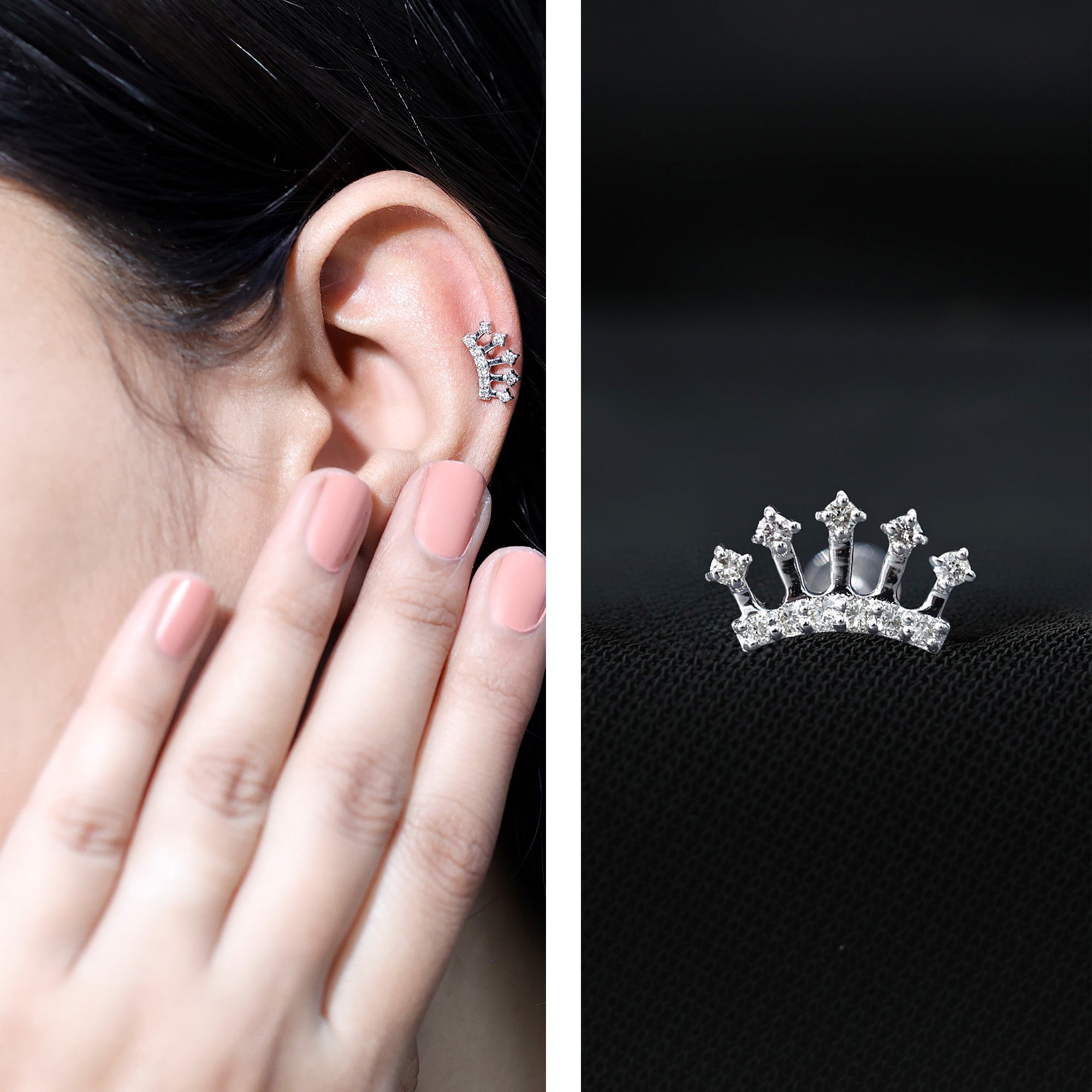 Certified Diamond Crown Earring for Helix Piercing Natural - ( HI-SI ) - Rosec Jewels