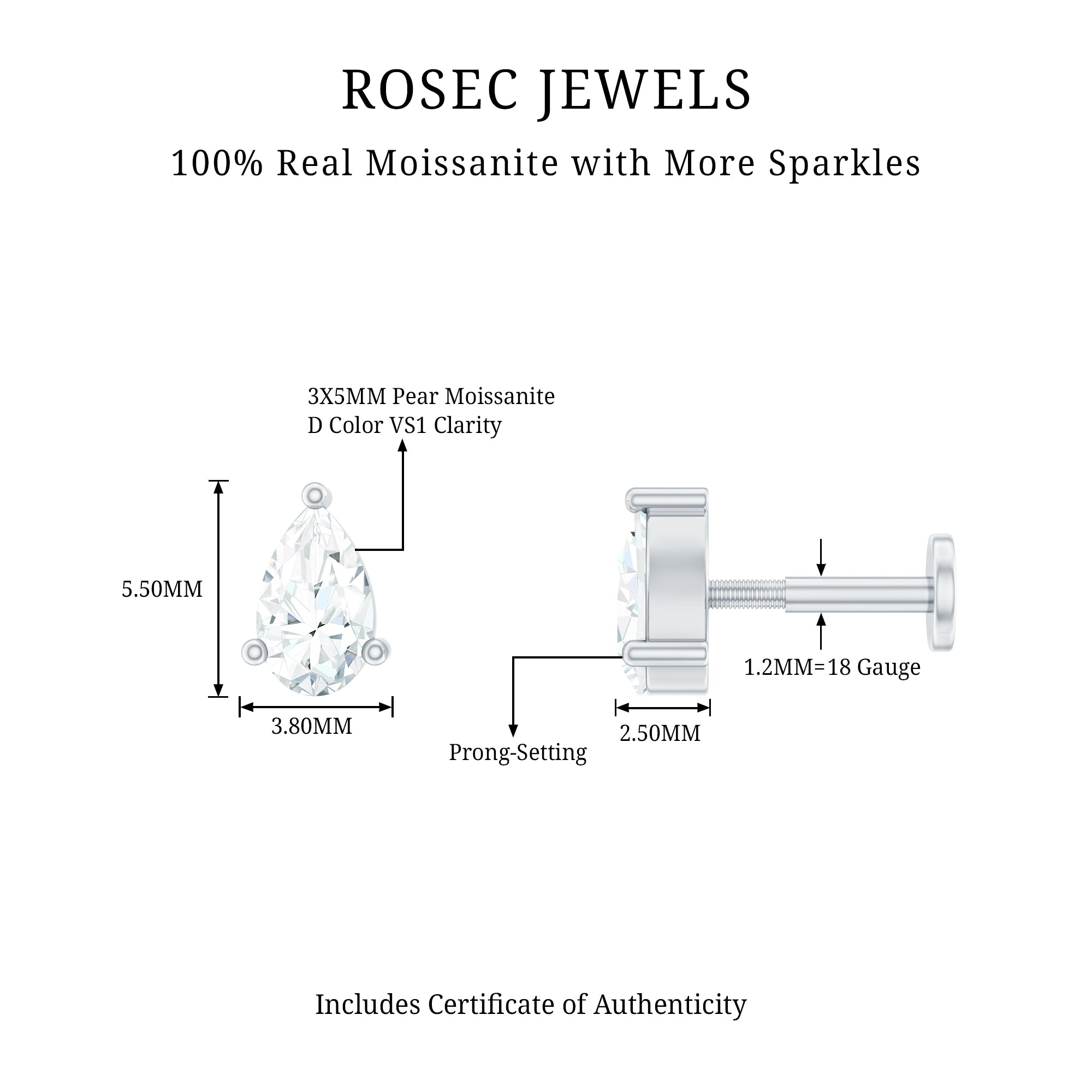 Pear Shape Moissanite Solitaire Conch Earring D-VS1 - Rosec Jewels