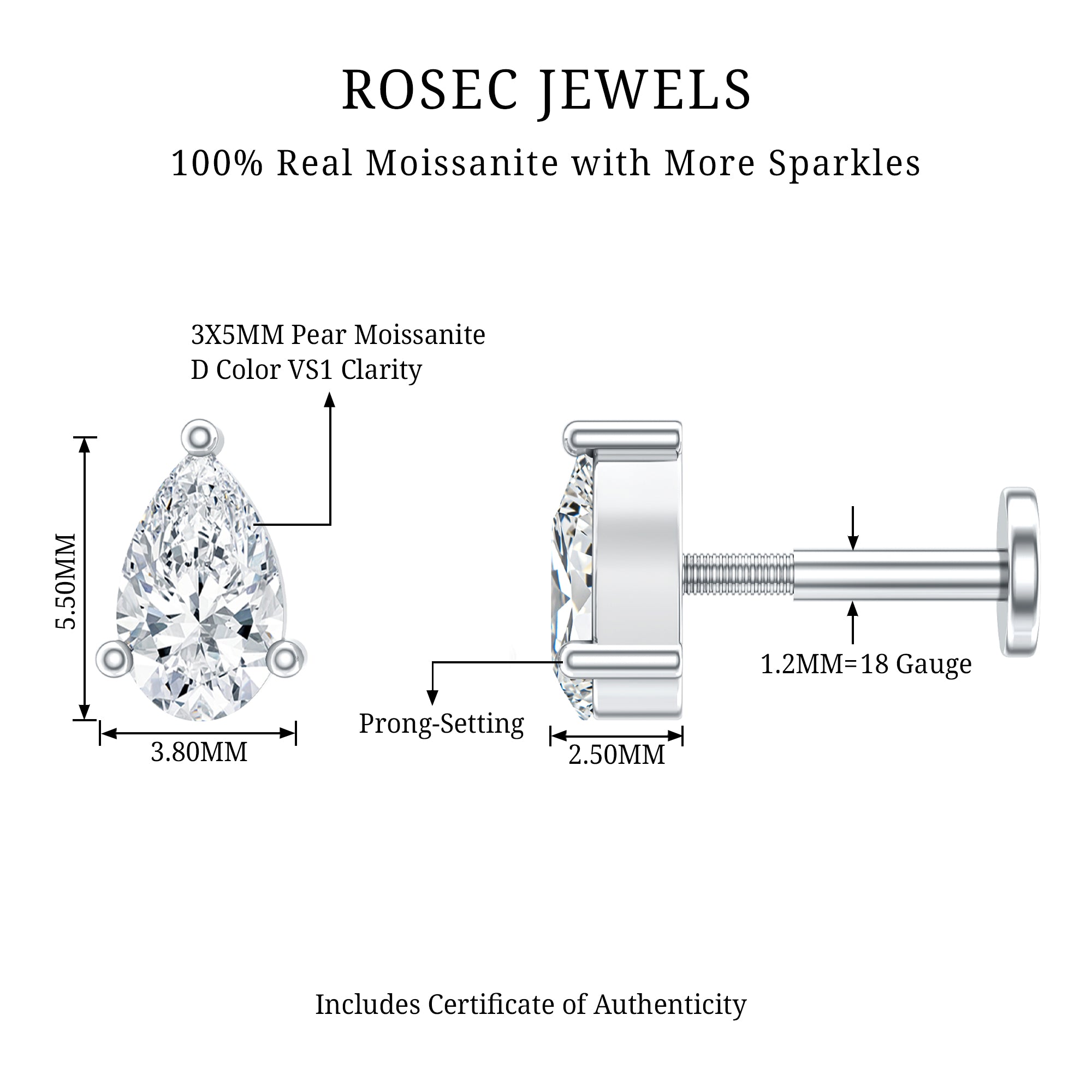 Pear Shape Moissanite Solitaire Conch Earring D-VS1 - Rosec Jewels