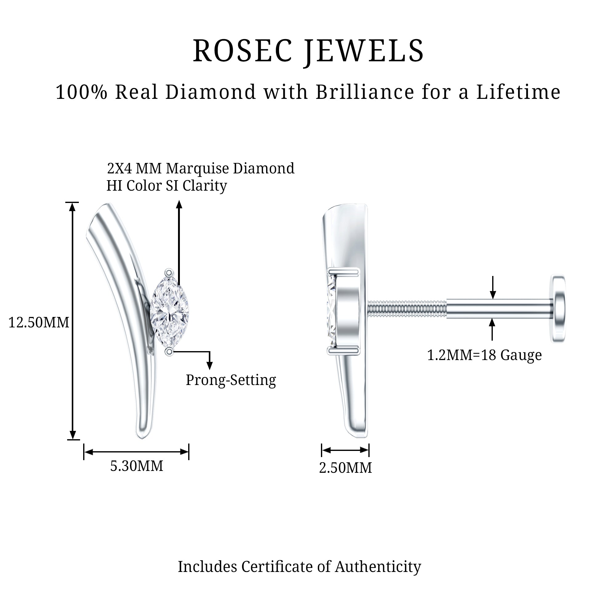 Marquise Cut Diamond Solitaire Earring for Tragus Piercing Natural - ( HI-SI ) - Rosec Jewels
