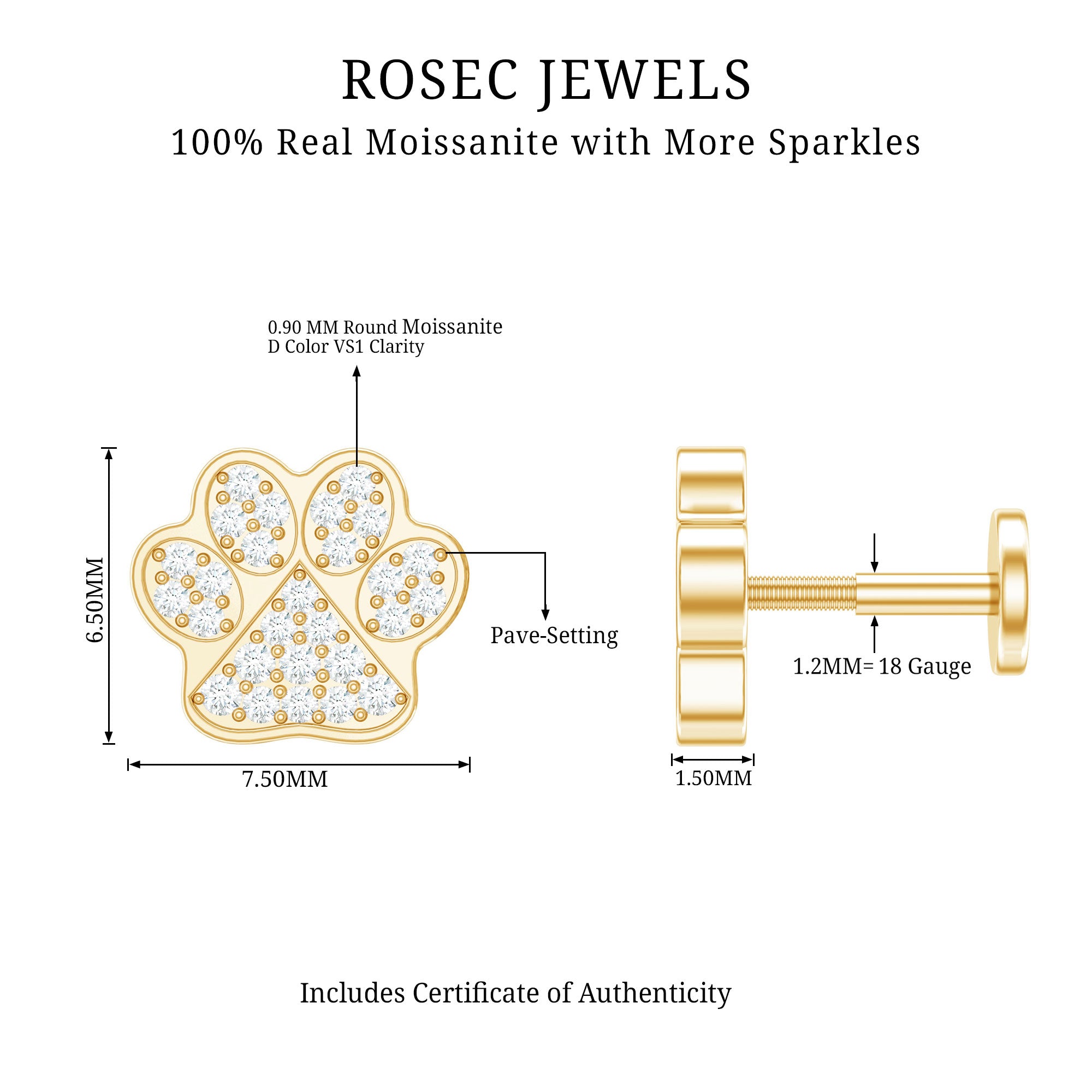 Moissanite Dog Paw Print Earring for Cartilage Piercing D-VS1 - Rosec Jewels