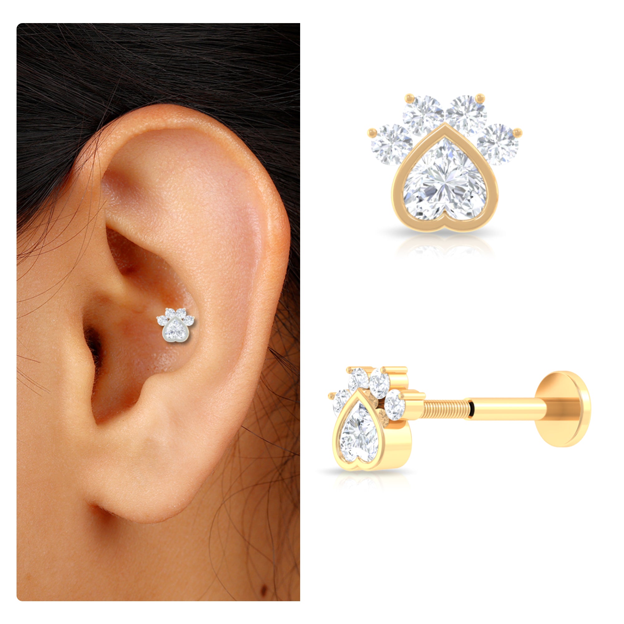 Round and Heart Shape Moissanite Paw Helix Earring D-VS1 - Rosec Jewels