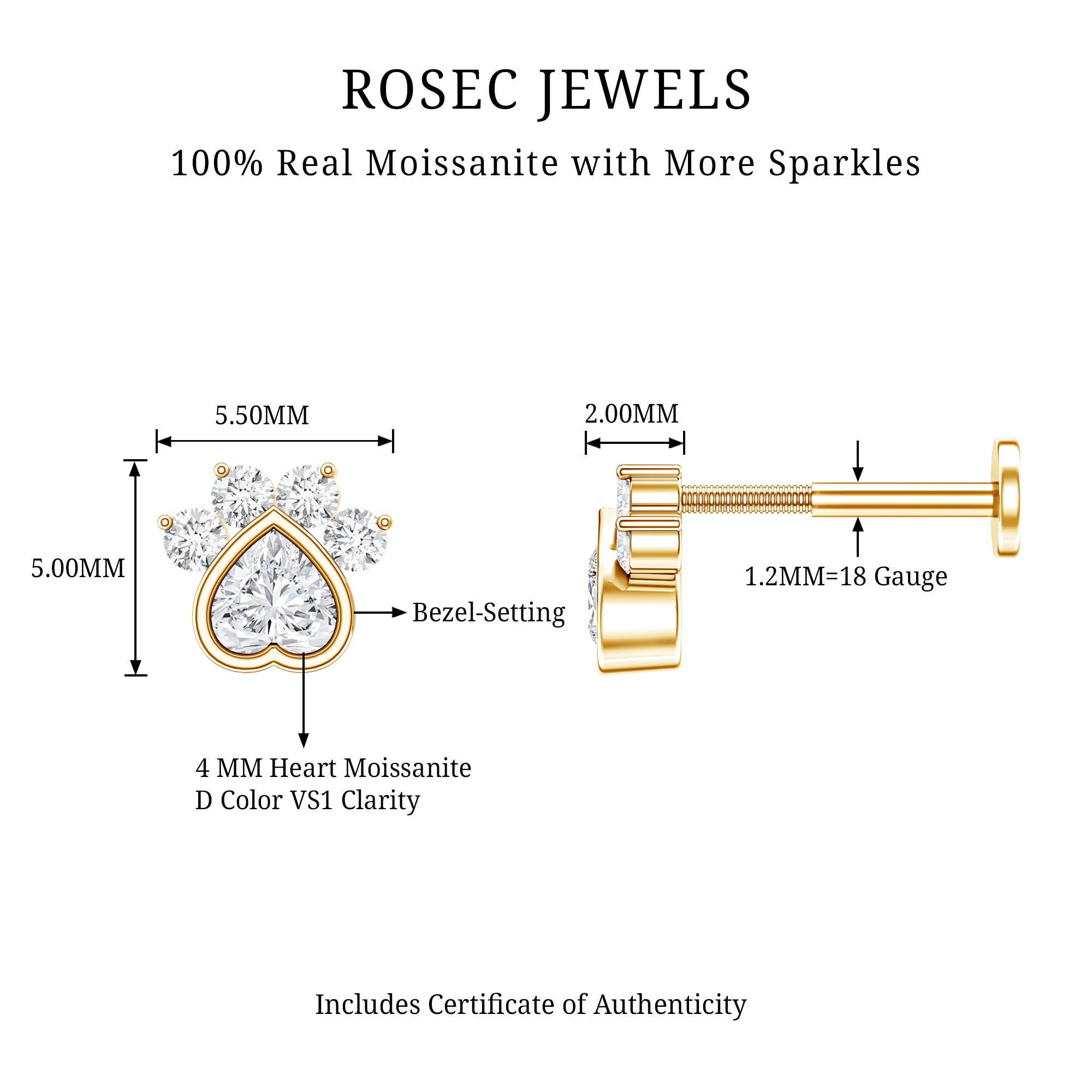 Round and Heart Shape Moissanite Paw Helix Earring D-VS1 - Rosec Jewels