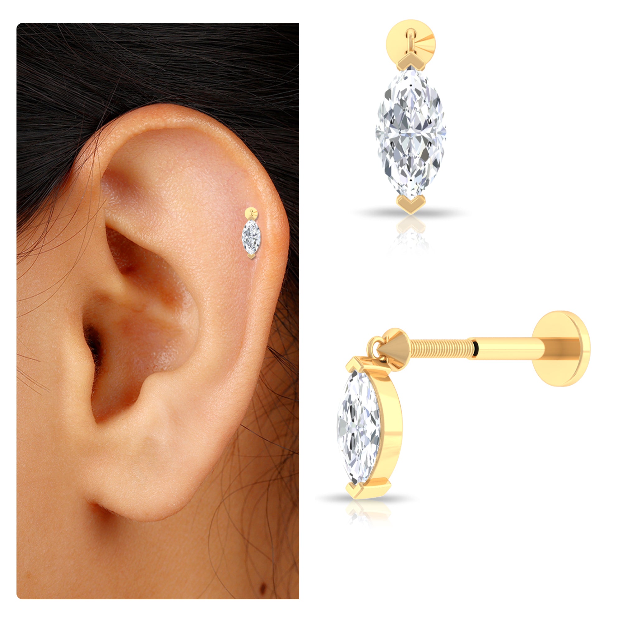 Marquise Moissanite Drop Earring for Tragus Piercing D-VS1 - Rosec Jewels