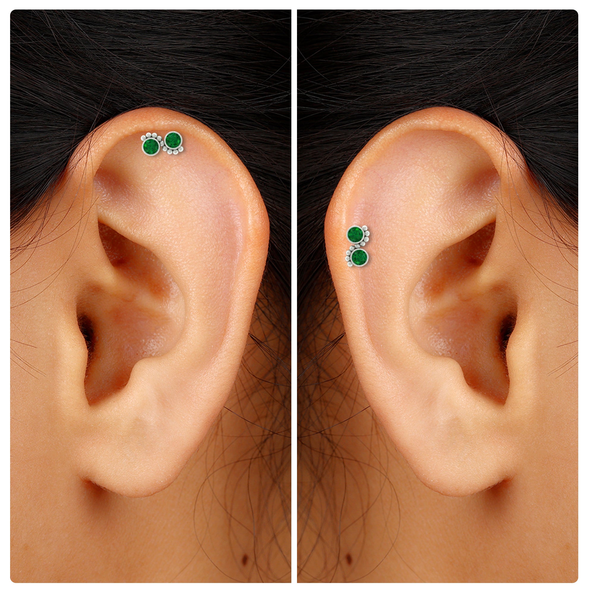 Bezel Set Emerald Two Stone Helix Earring with Beaded Detailing AAA - Rosec Jewels