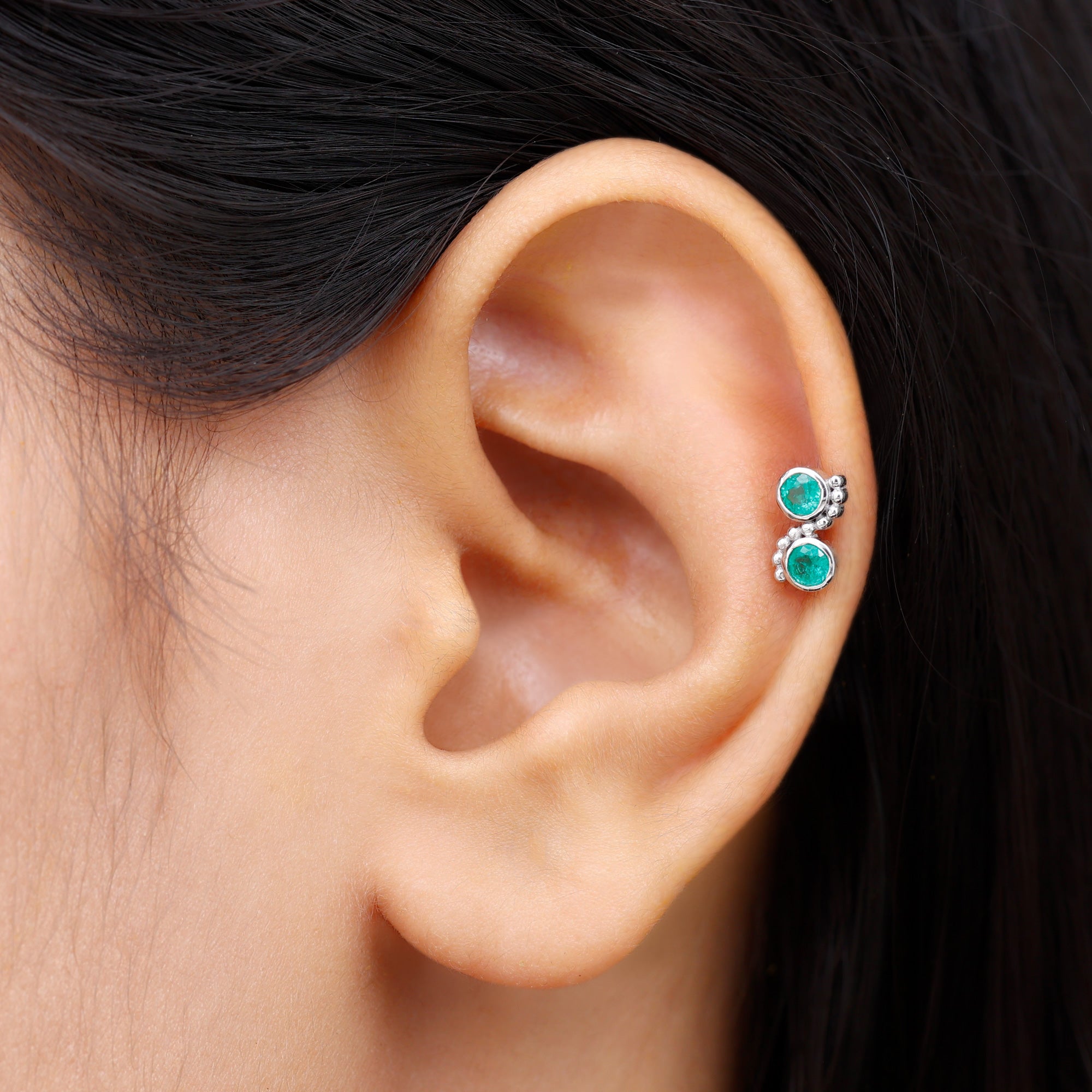 Bezel Set Emerald Two Stone Helix Earring with Beaded Detailing AAA - Rosec Jewels