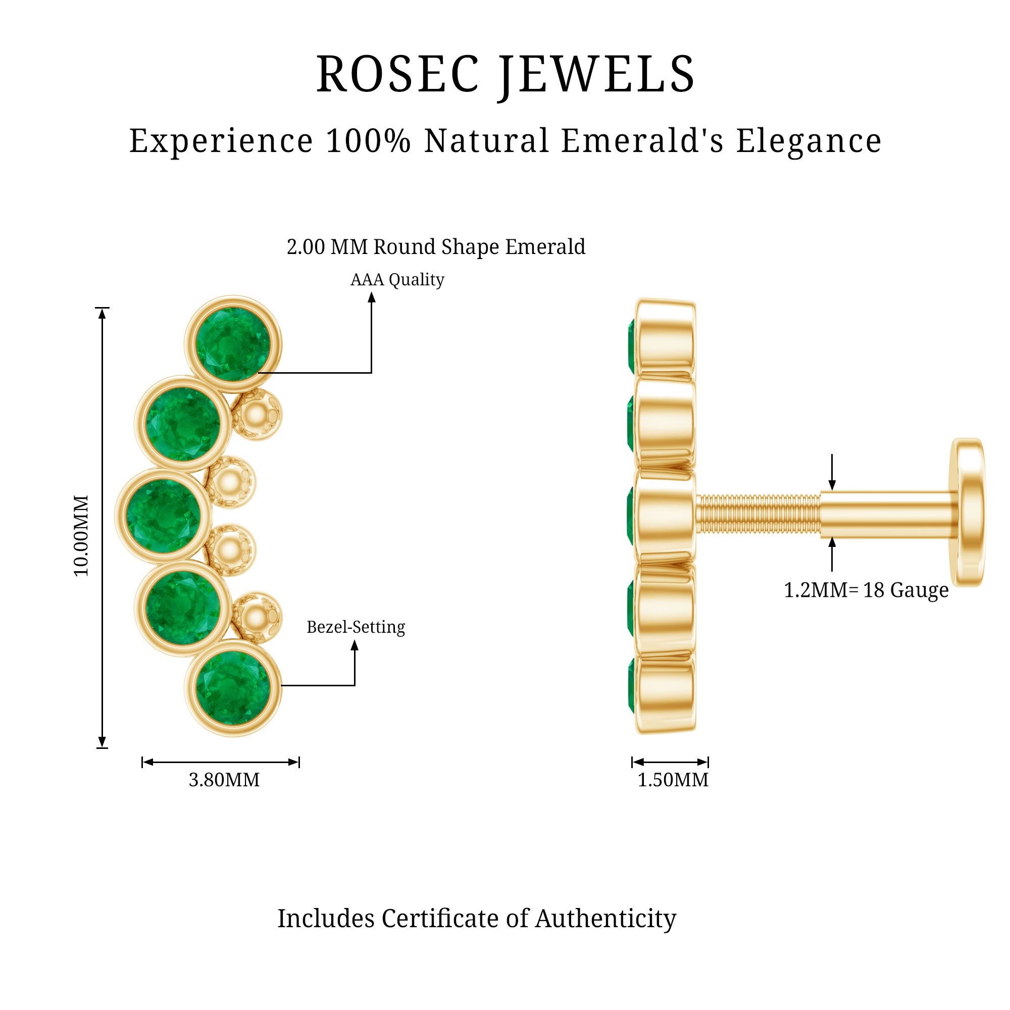 Natural Emerald Curved Climber Earring for Helix Piercing AAA - Rosec Jewels
