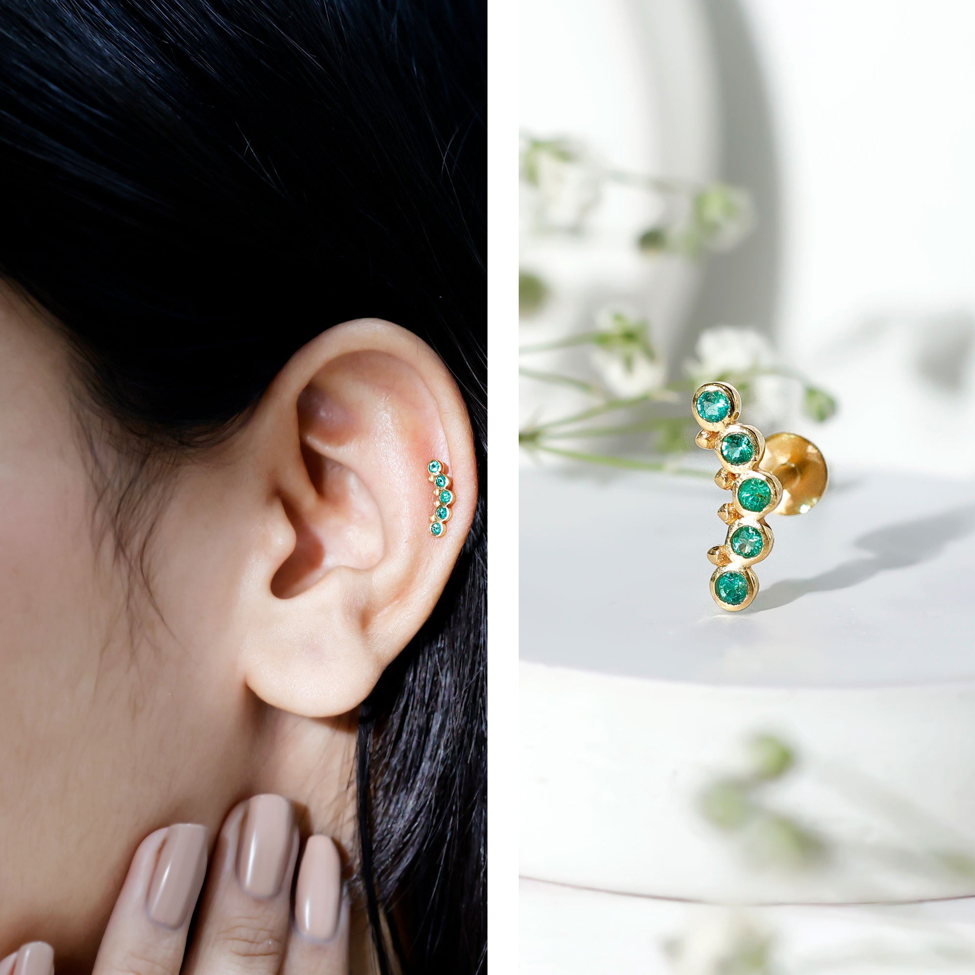 Natural Emerald Curved Climber Earring for Helix Piercing AAA - Rosec Jewels