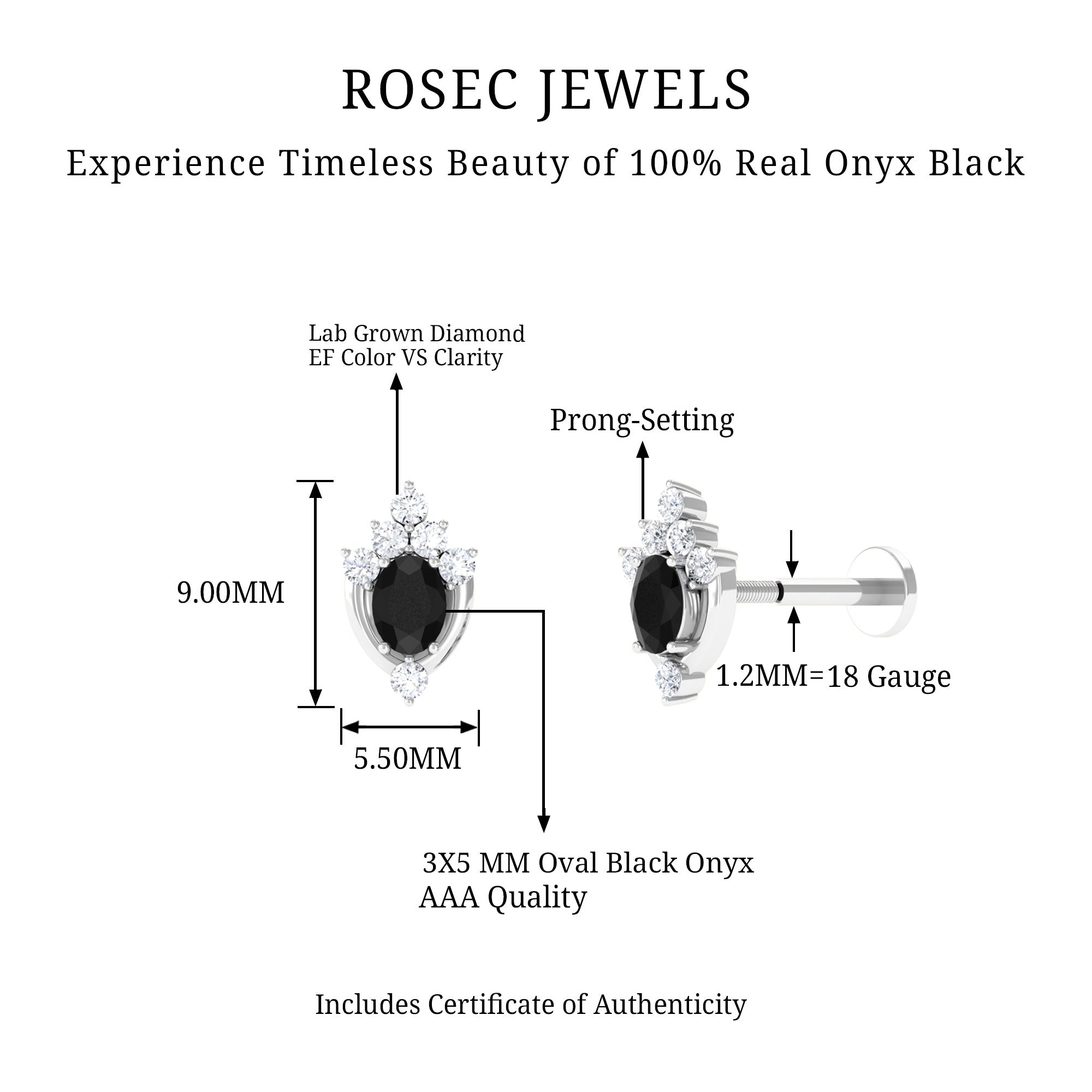 Certified Black Onyx Designer Helix Earring with Lab Grown Diamond AAA - Rosec Jewels