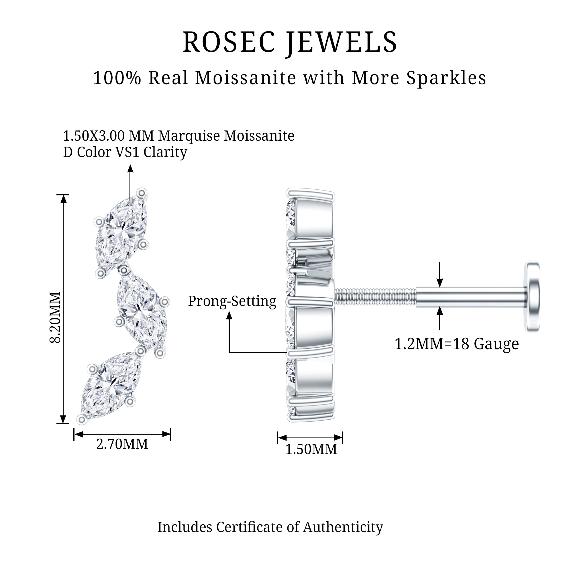 Marquise Cut Moissanite 3 Stone Tragus Earring D-VS1 - Rosec Jewels
