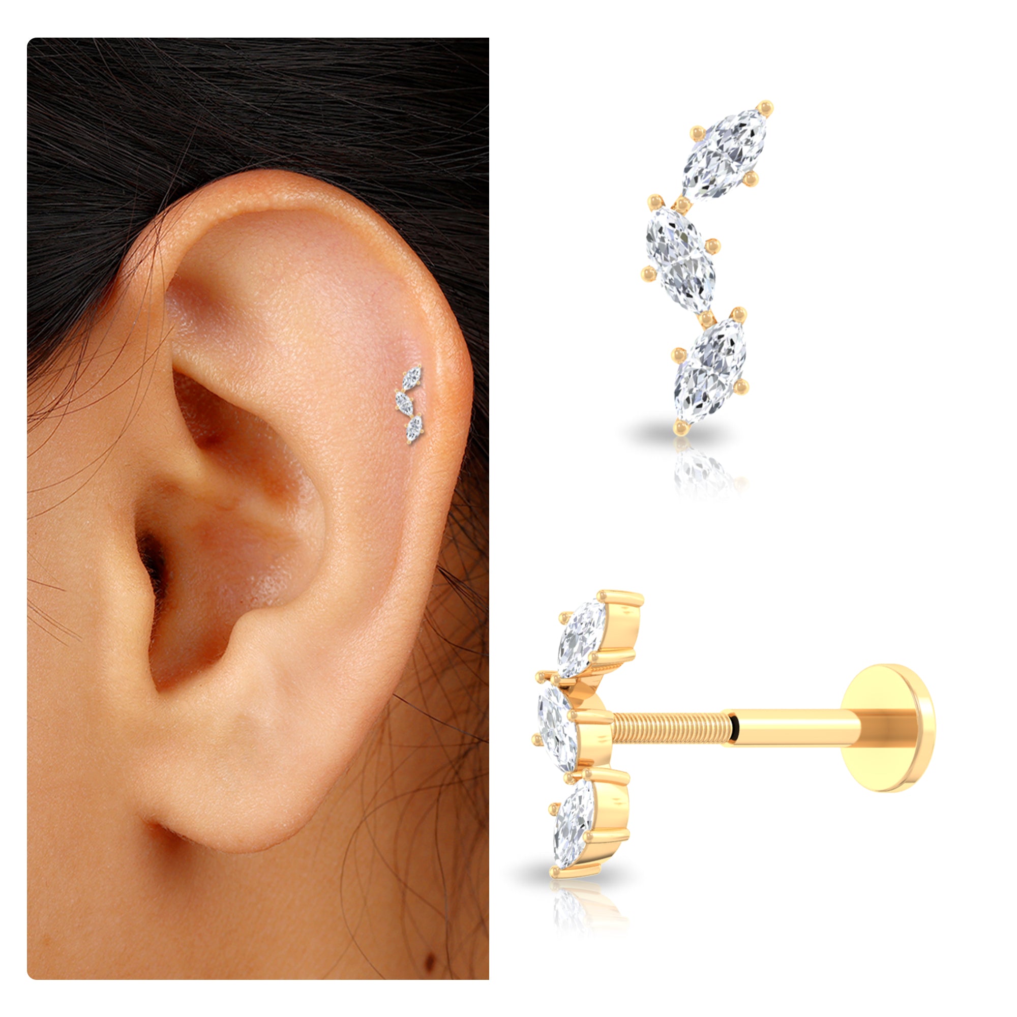 Marquise Cut Moissanite 3 Stone Tragus Earring D-VS1 - Rosec Jewels