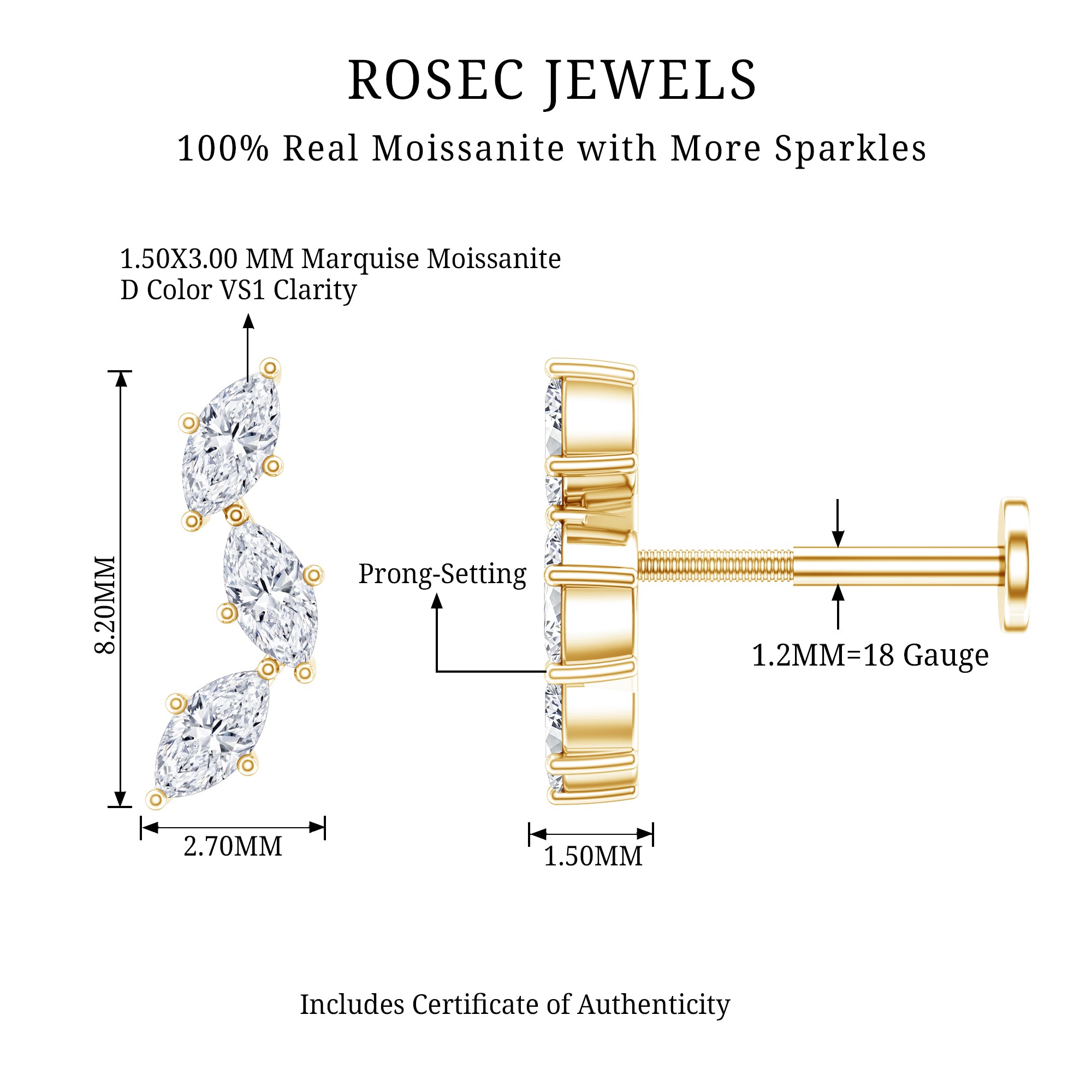 Marquise Cut Moissanite 3 Stone Tragus Earring D-VS1 - Rosec Jewels