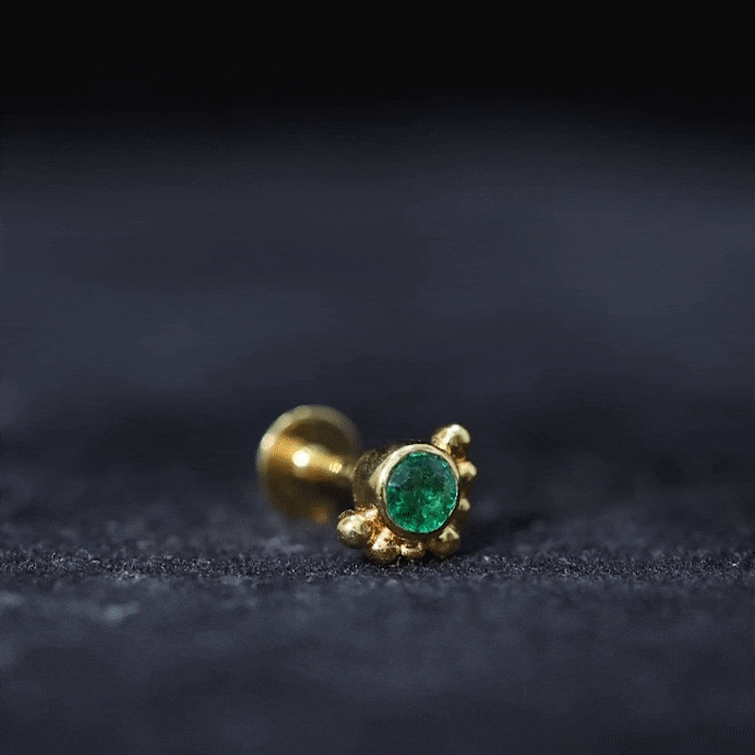 Dainty Round Emerald Tragus Earring with Beaded Detailing AAA - Rosec Jewels