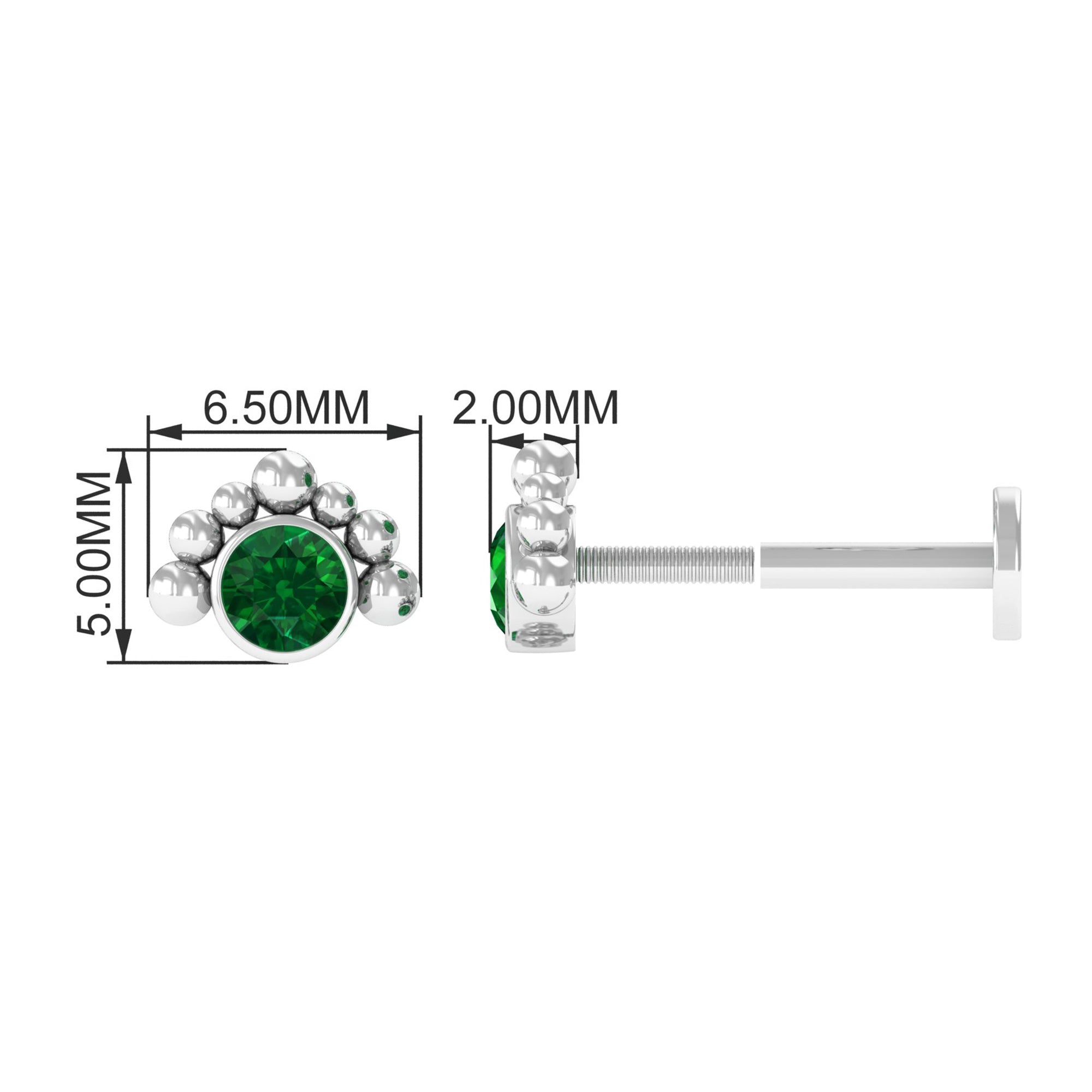 Dainty Round Emerald Tragus Earring with Beaded Detailing AAA - Rosec Jewels