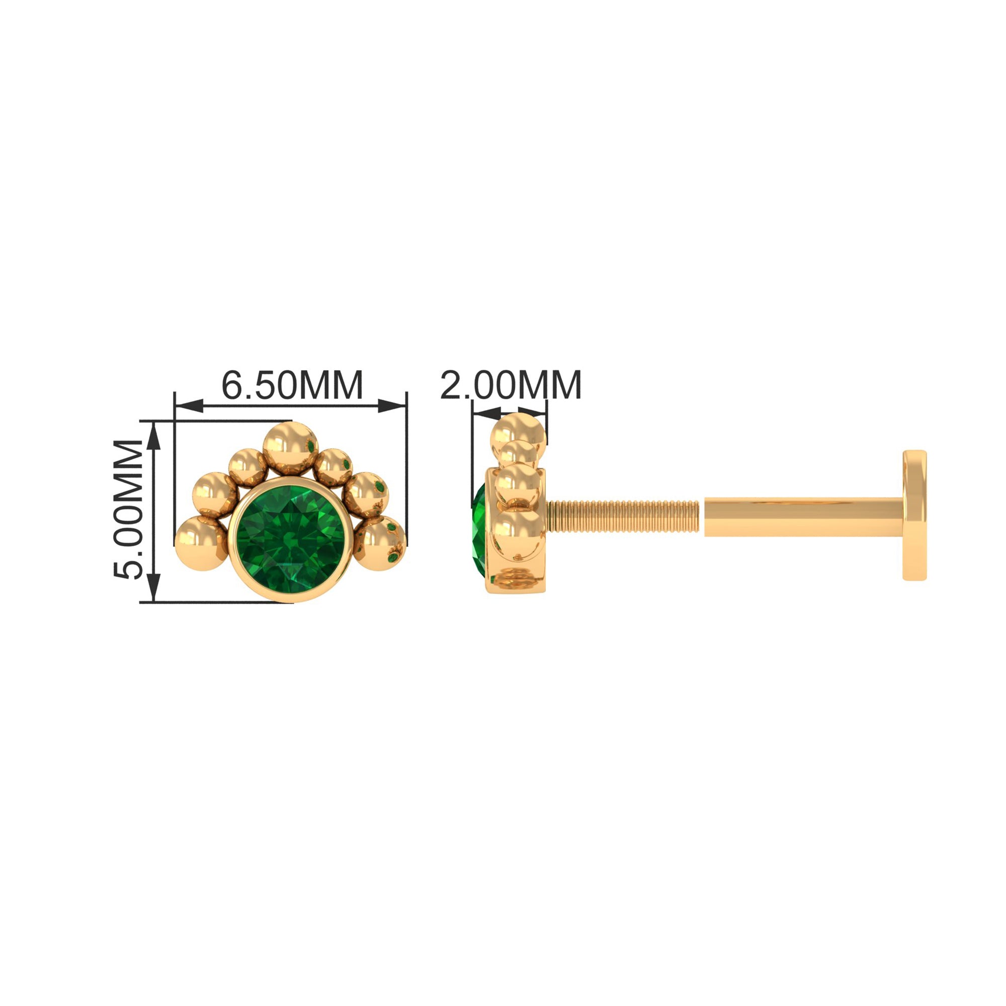 Dainty Round Emerald Tragus Earring with Beaded Detailing AAA - Rosec Jewels