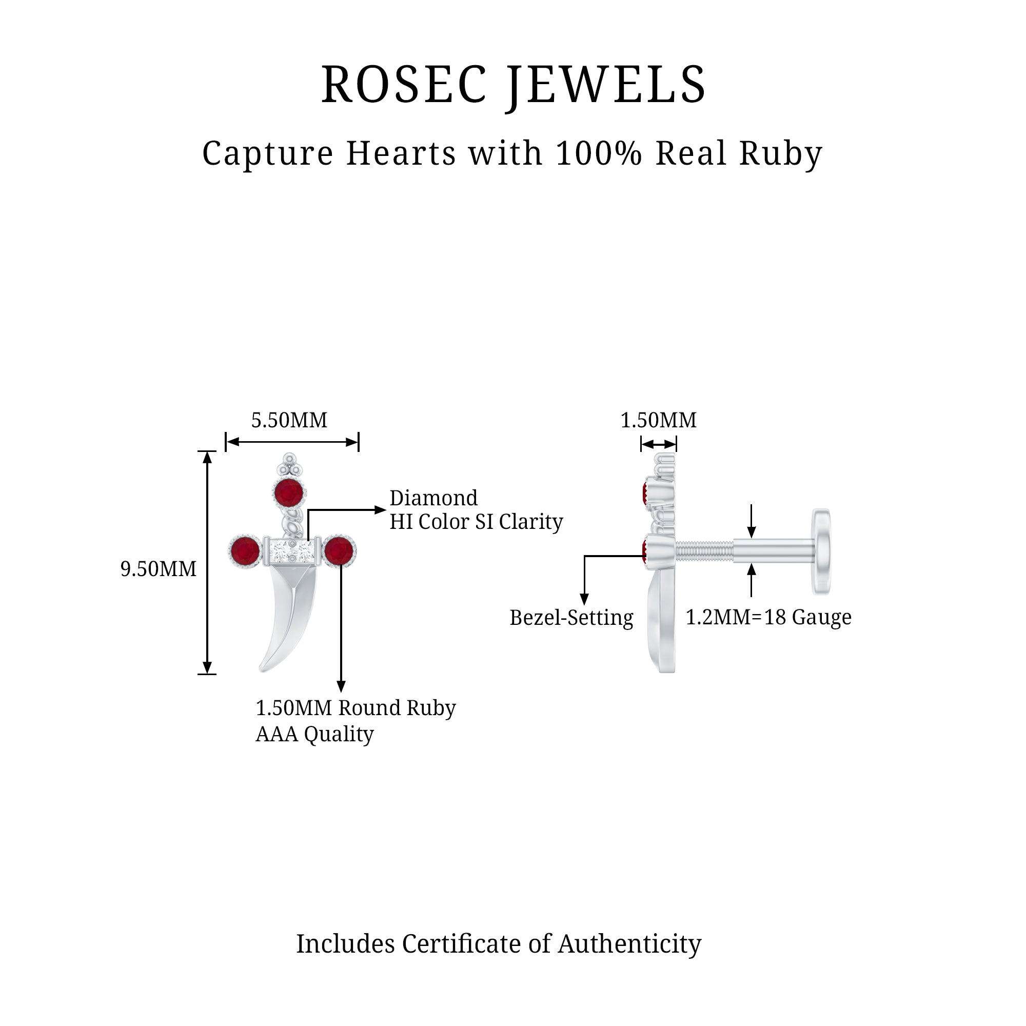 Real Ruby and Diamond Dagger Helix Earring AAA - Rosec Jewels