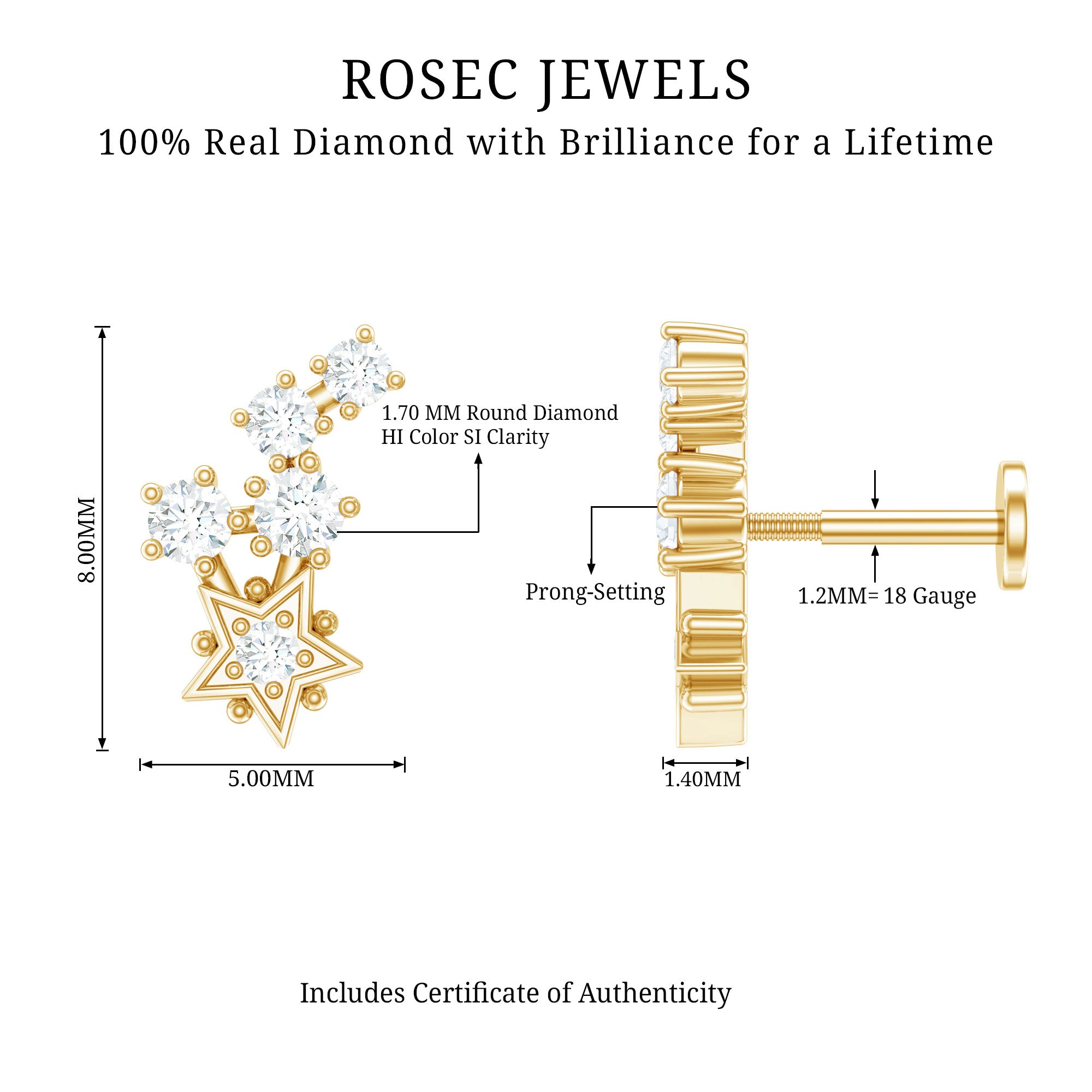 Natural Diamond Star Crawler Earring for Helix Piercing Natural - ( HI-SI ) - Rosec Jewels
