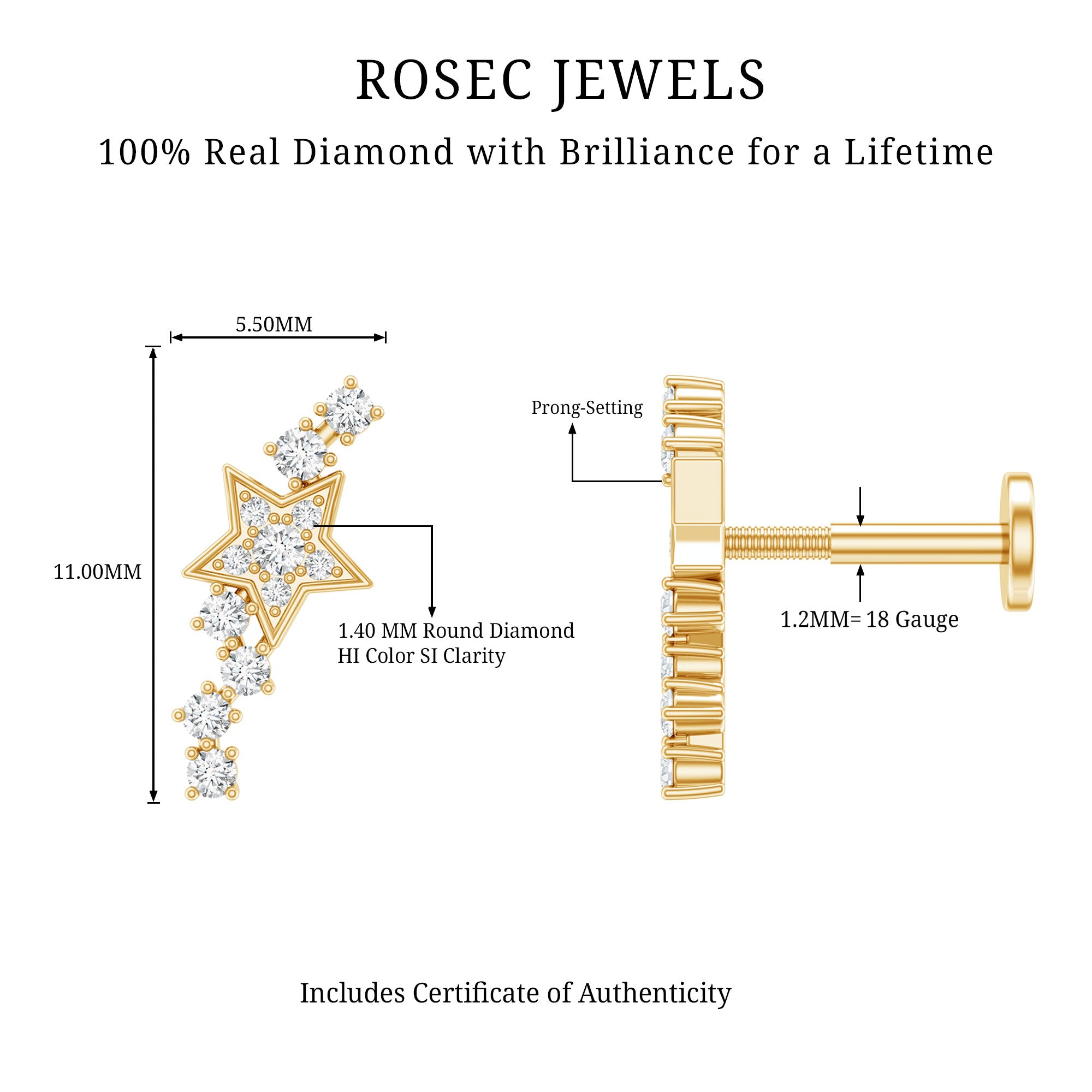 Certified Diamond Star Crawler Earring for Helix Piercing Natural - ( HI-SI ) - Rosec Jewels