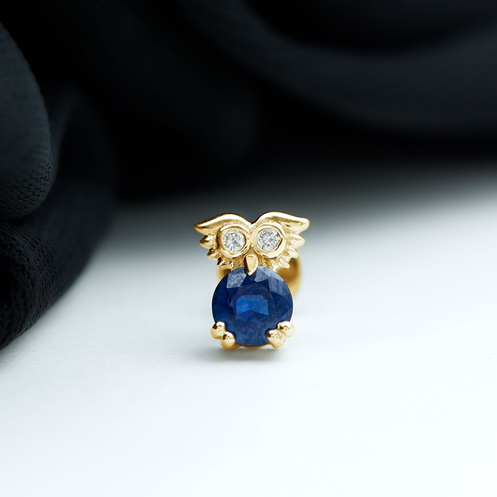 Blue Sapphire and Lab Grown Diamond Owl Helix Earring AAA - Rosec Jewels