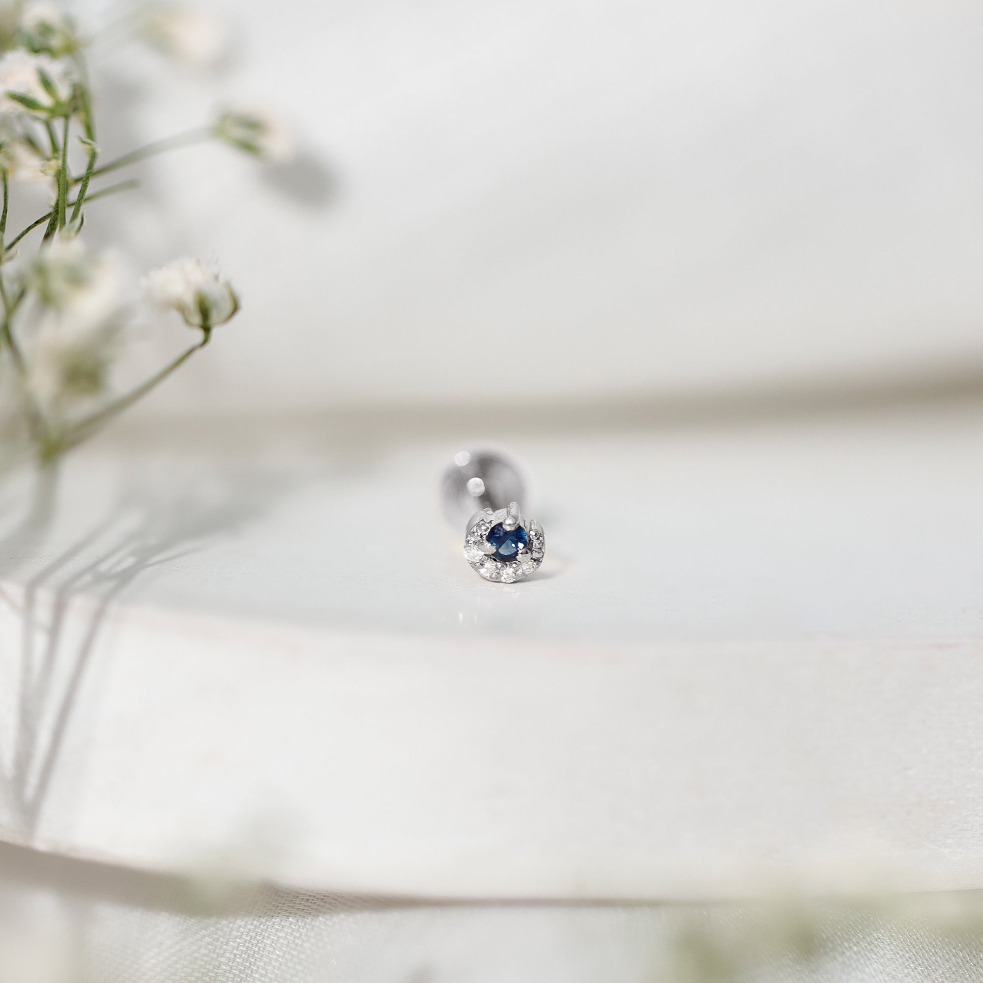 Dainty Blue Sapphire and Diamond Moon Helix Earring AAA - Rosec Jewels