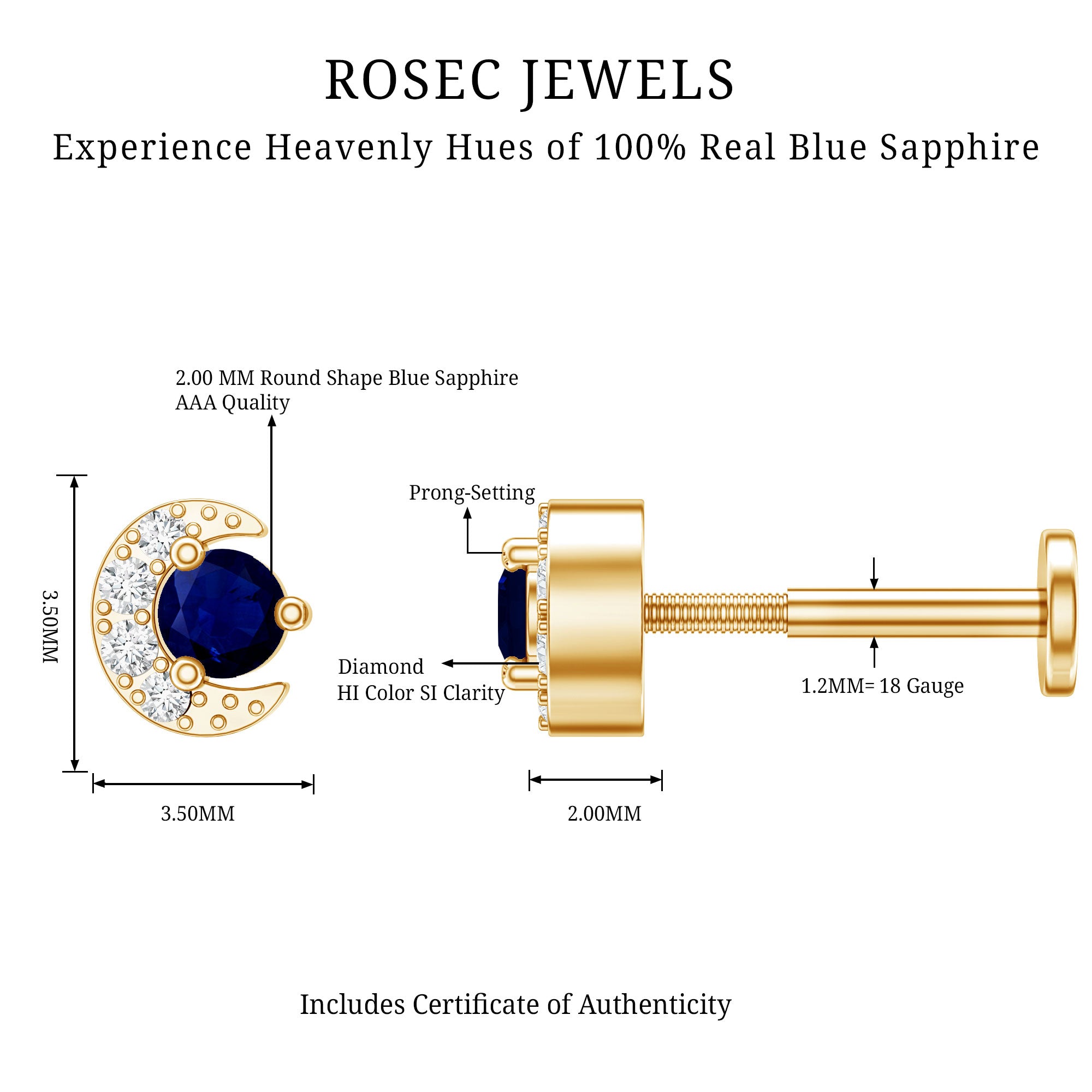 Dainty Blue Sapphire and Diamond Moon Helix Earring AAA - Rosec Jewels