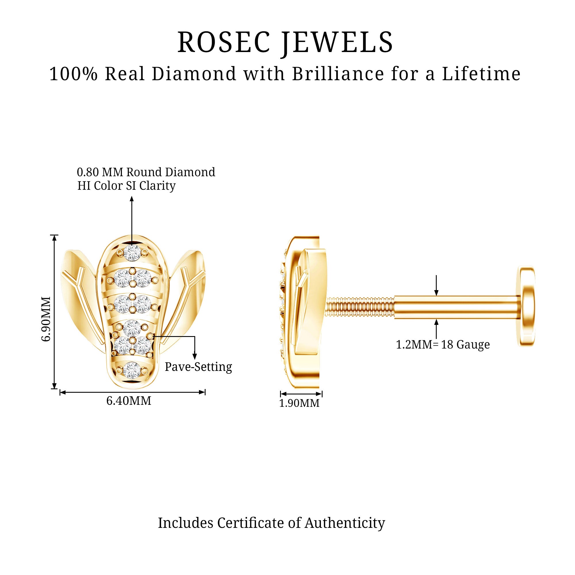 Diamond Bumblebee Earring for Helix Piercing Natural - ( HI-SI ) - Rosec Jewels