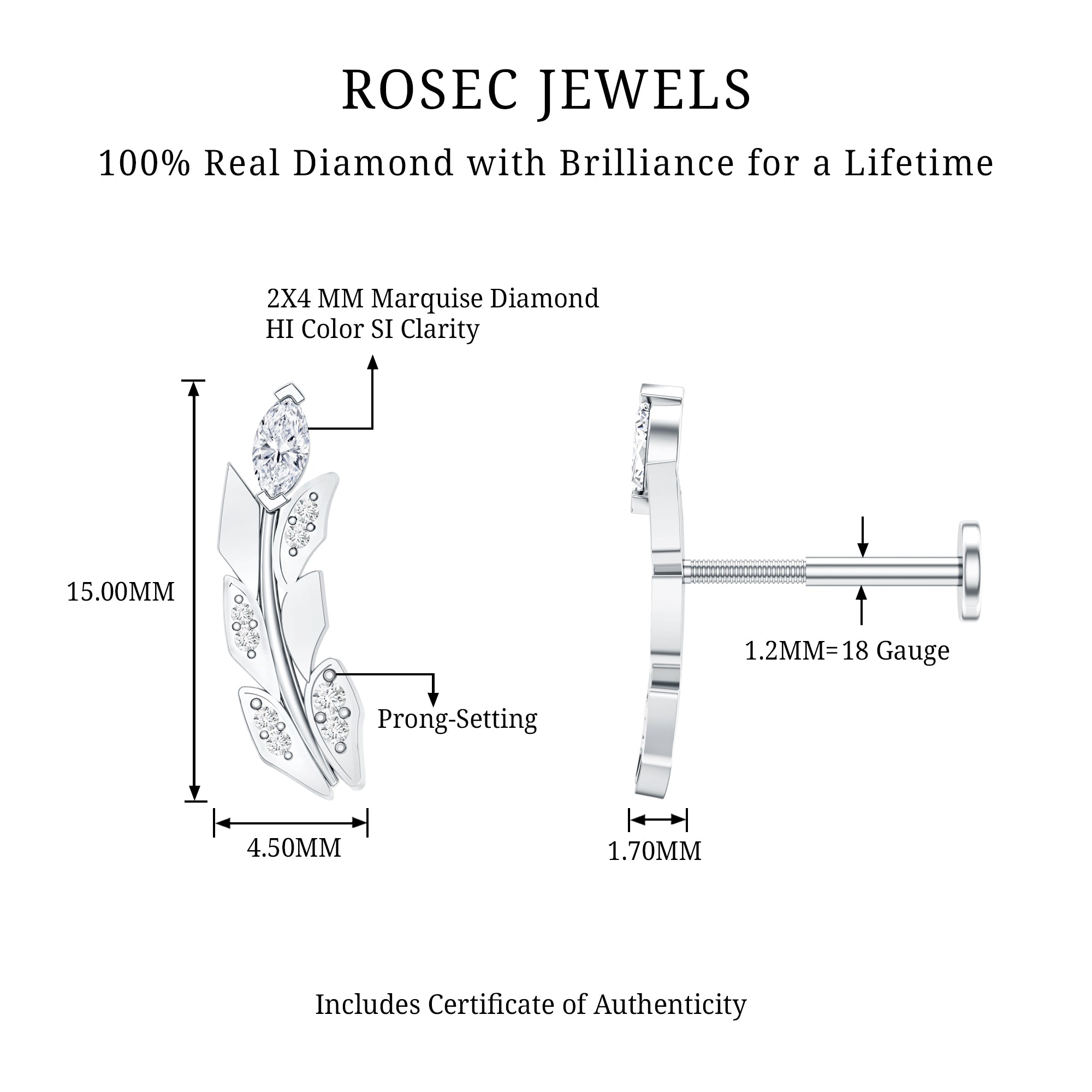 Diamond Leaf Crawler Earring for Helix Piercing Natural - ( HI-SI ) - Rosec Jewels