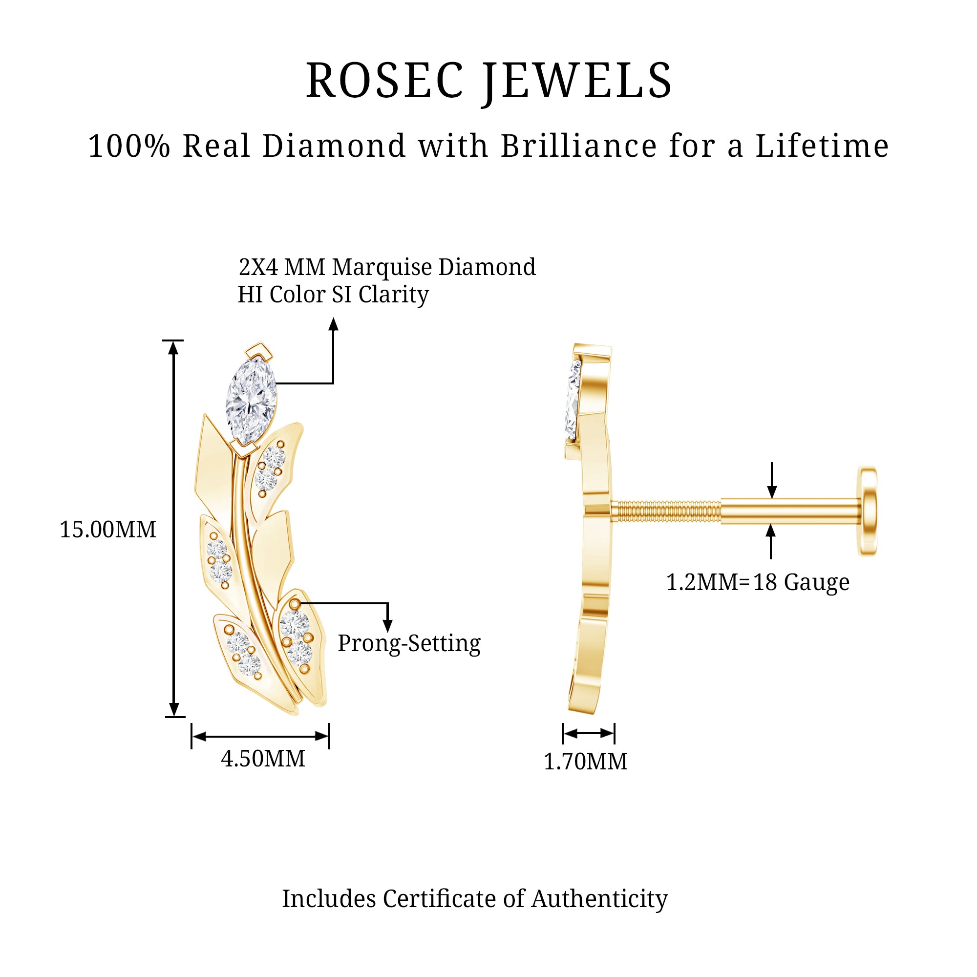 Diamond Leaf Crawler Earring for Helix Piercing Natural - ( HI-SI ) - Rosec Jewels