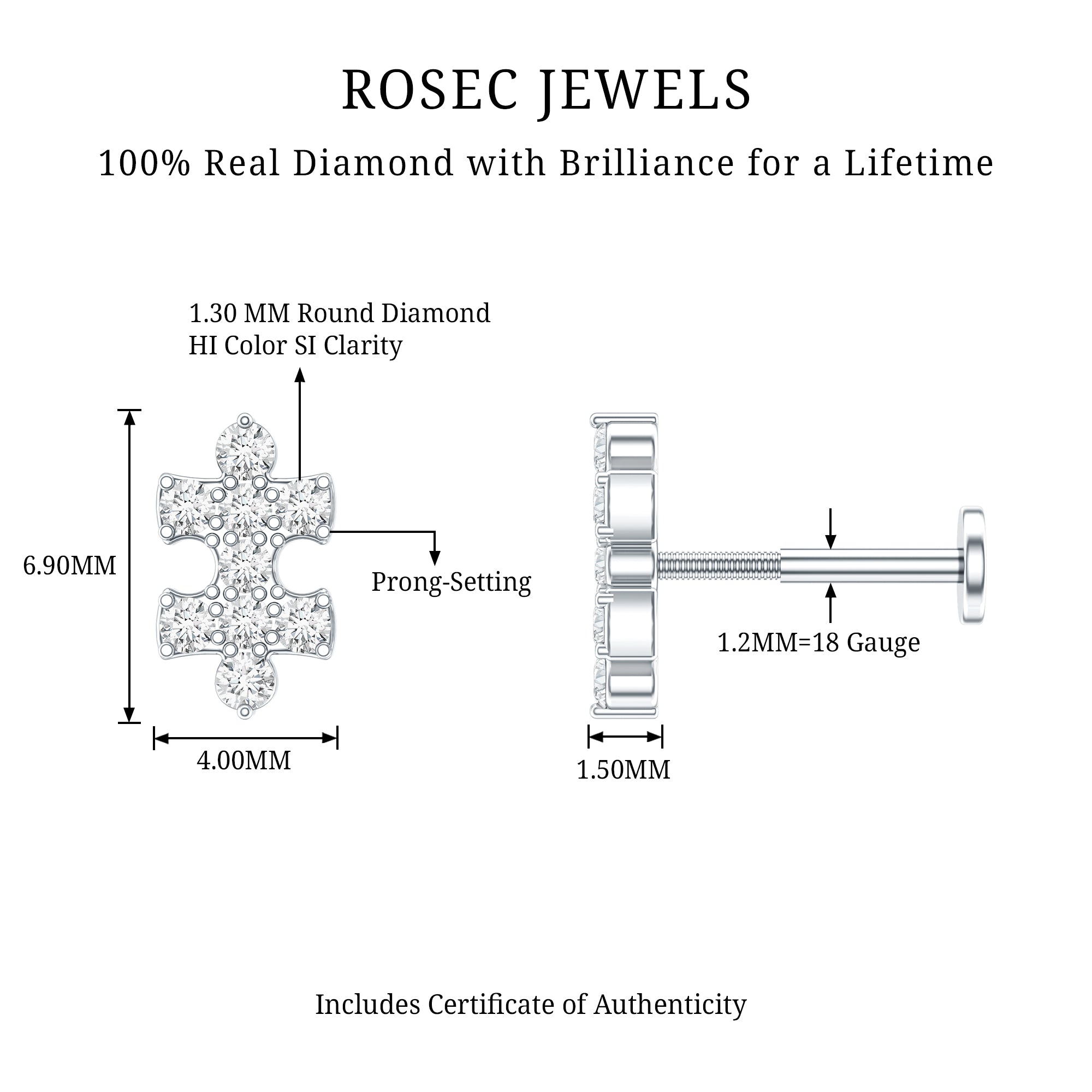 Diamond Puzzle Piece Earring for Helix Piercing Natural - ( HI-SI ) - Rosec Jewels
