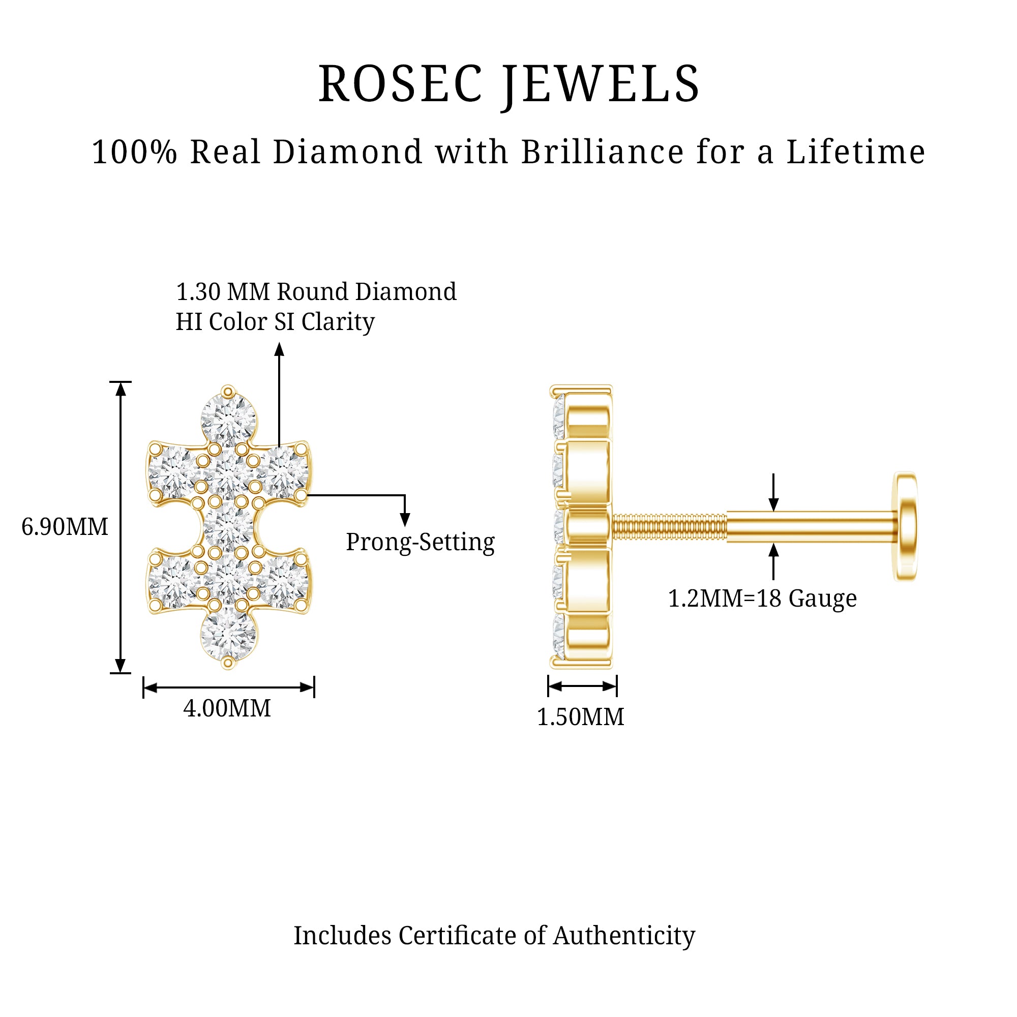 Diamond Puzzle Piece Earring for Helix Piercing Natural - ( HI-SI ) - Rosec Jewels