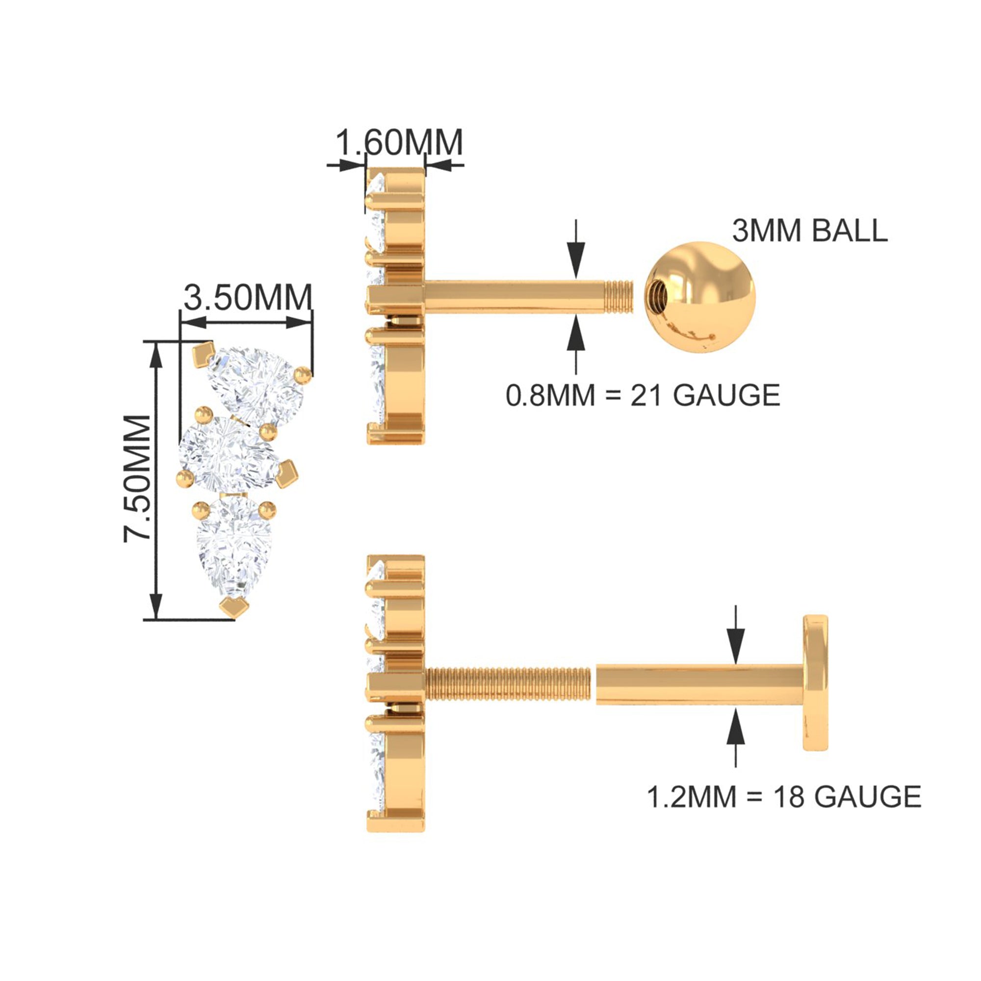 Rosec Jewels-Pear Shape Diamond 3 Stone Earring for Tragus Piercing