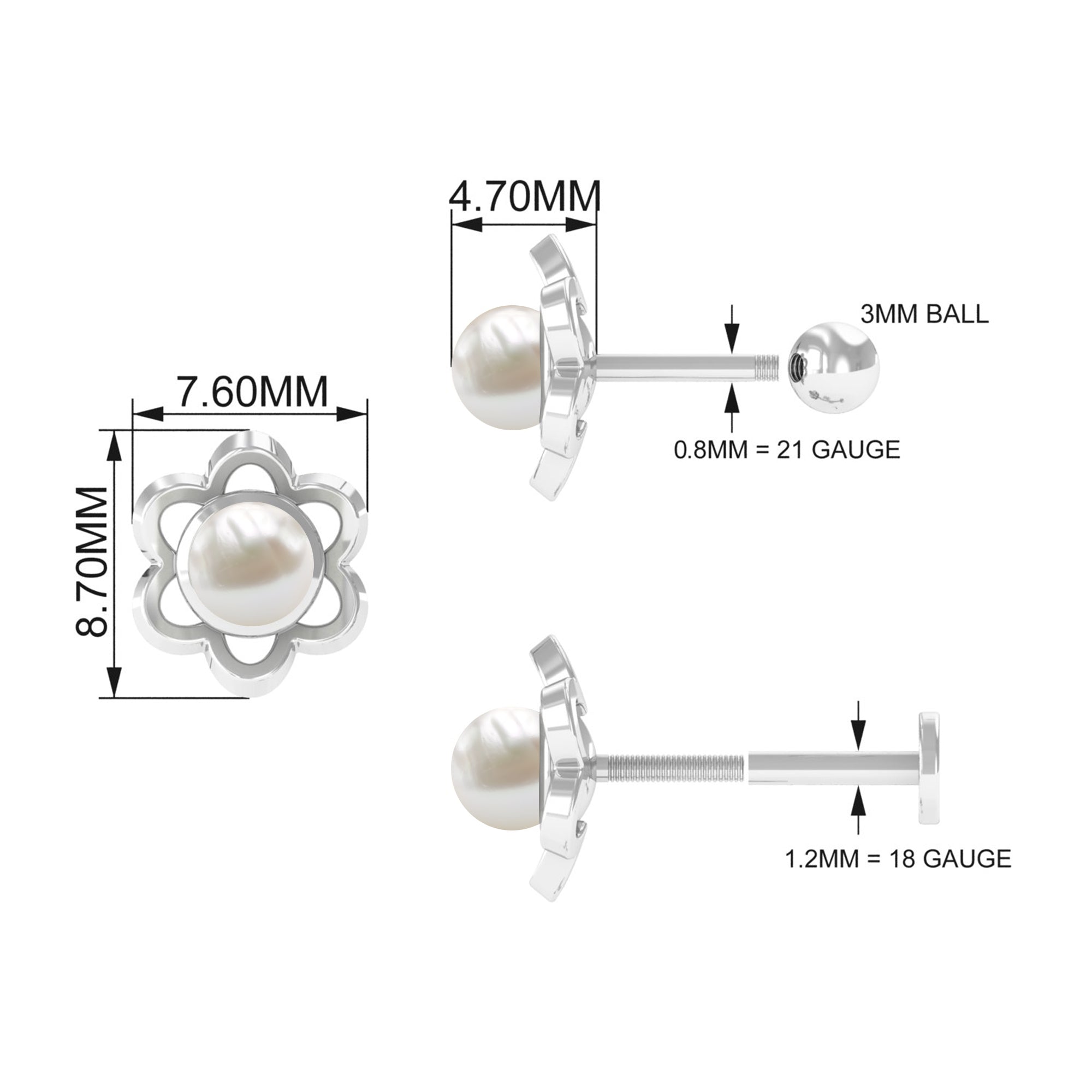 Rosec Jewels-Freshwater Pearl Flower Earring for Upper Lobe Piercing