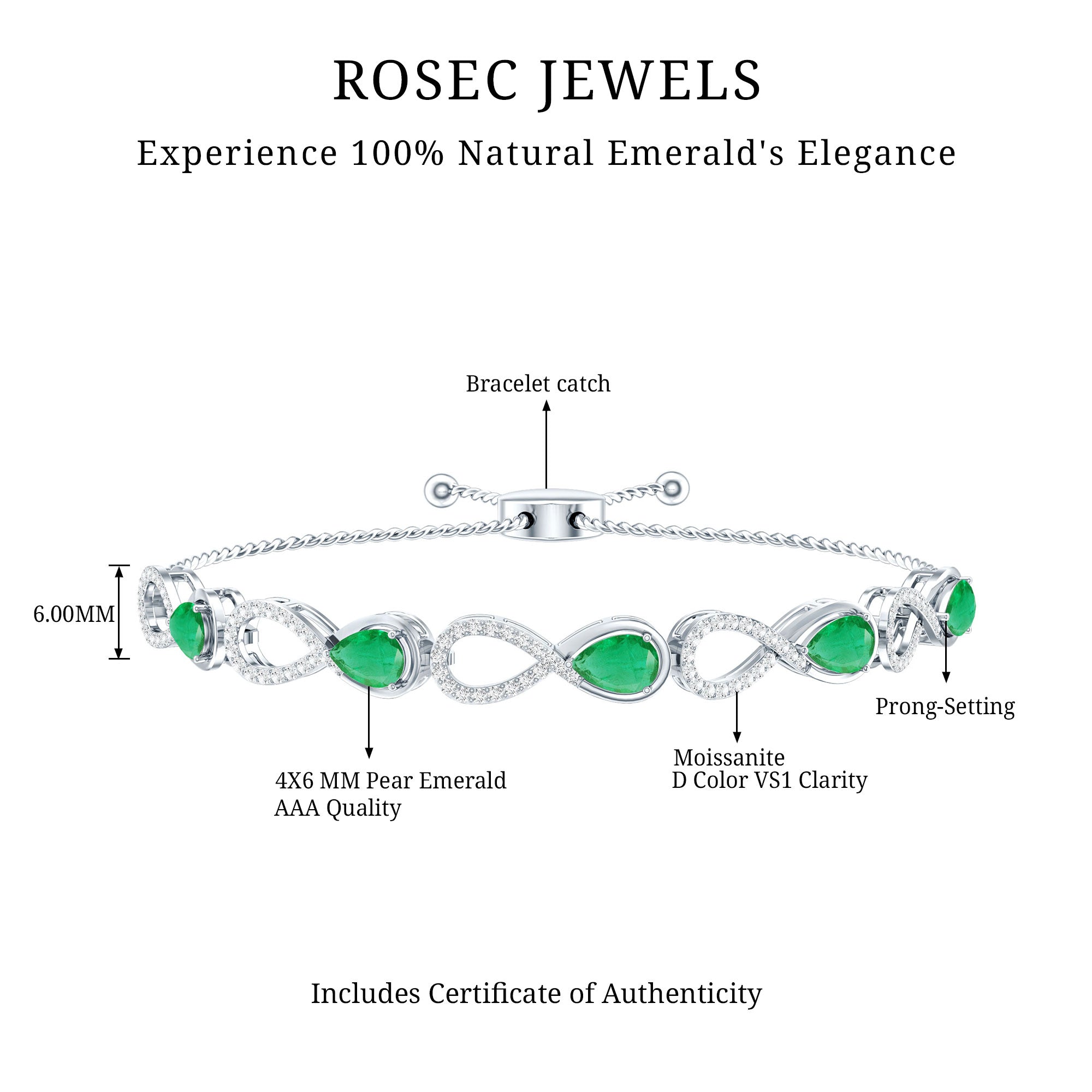 Real Emerald Infinity Bracelet With Moissanite AAA - Rosec Jewels