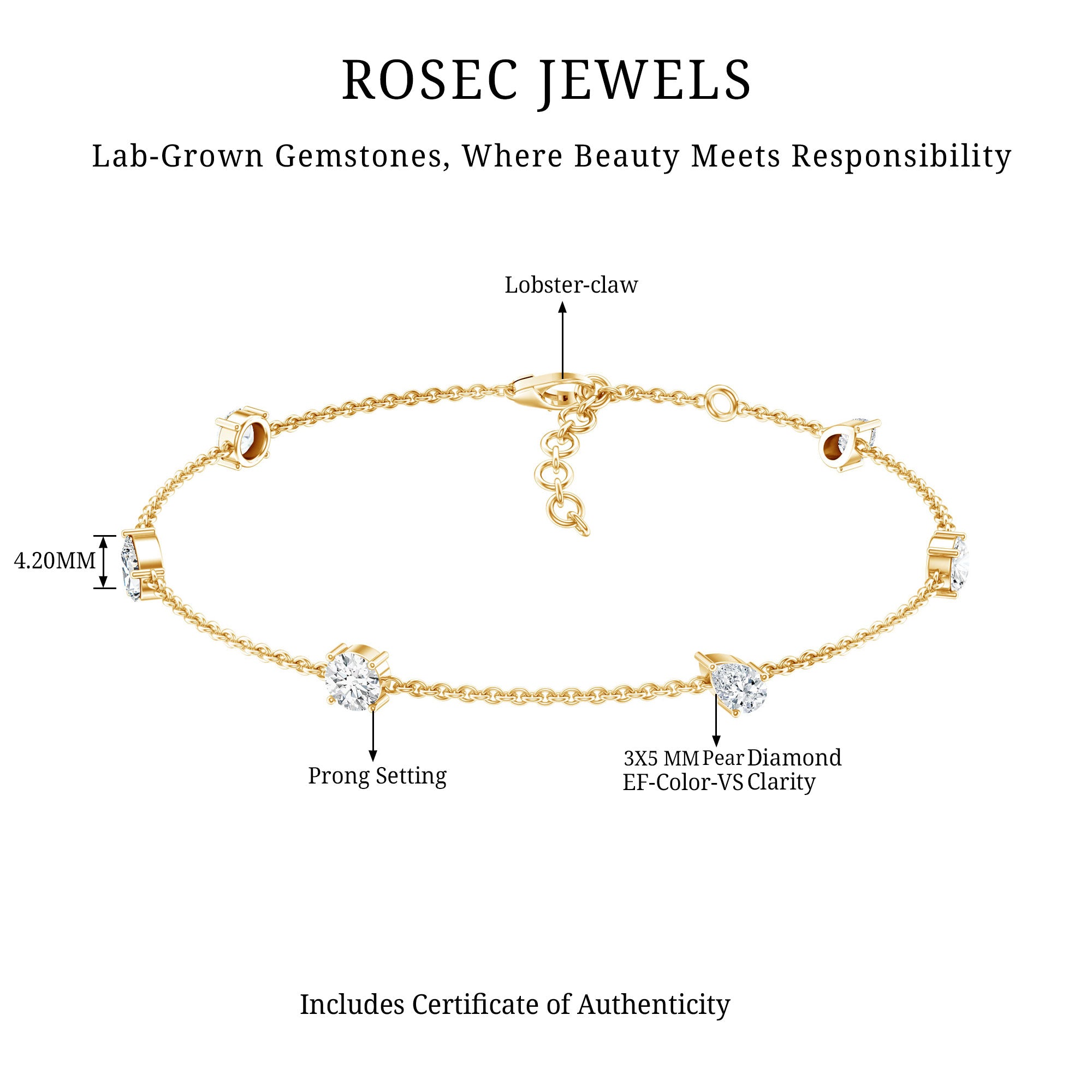 Certified Lab Grown Diamond Stackable Chain Bracelet Lab - ( EF-VS ) - Rosec Jewels