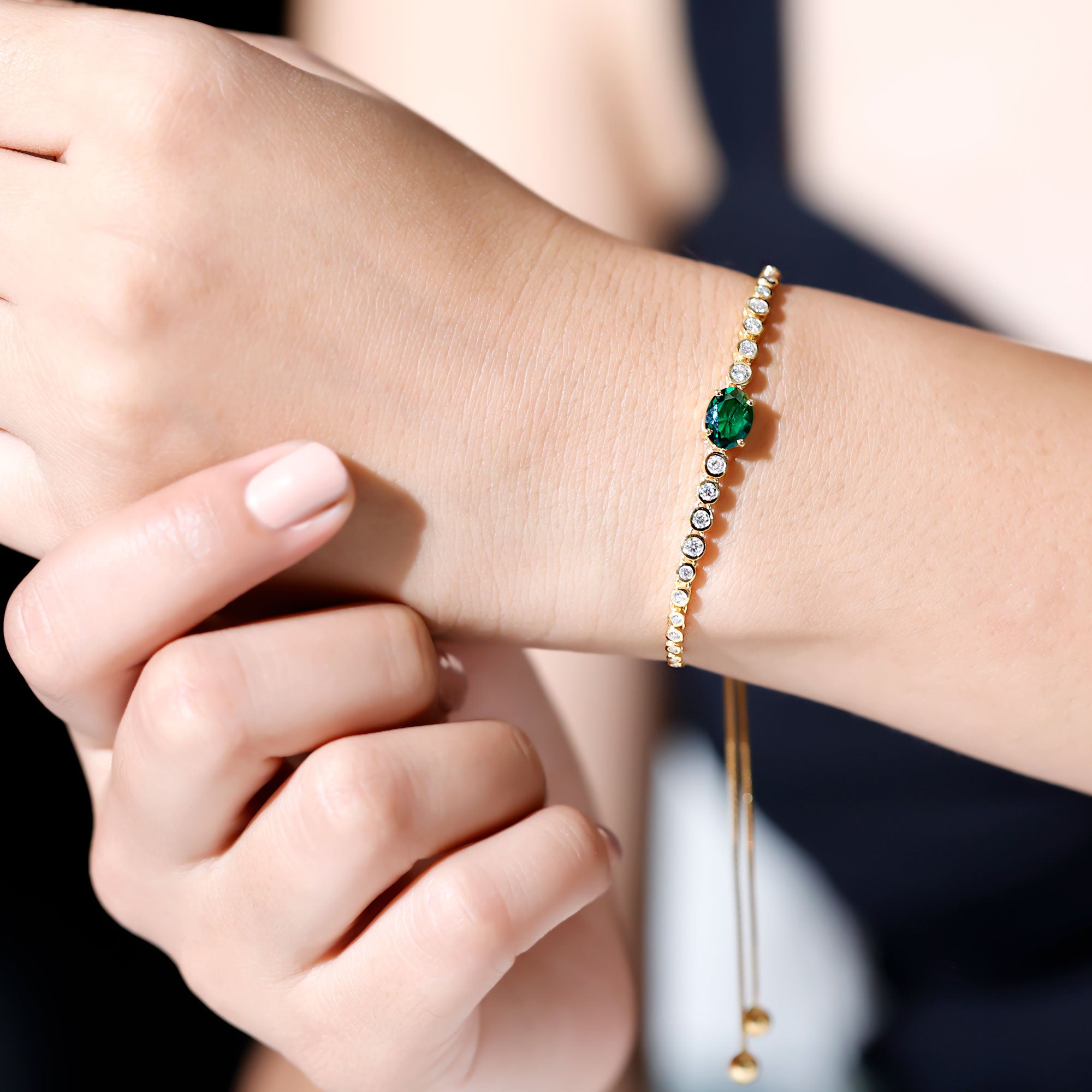 Certified 1.2 Carat Oval Lab Grown Emerald Bolo Bracelet with Diamond AAAA - Rosec Jewels