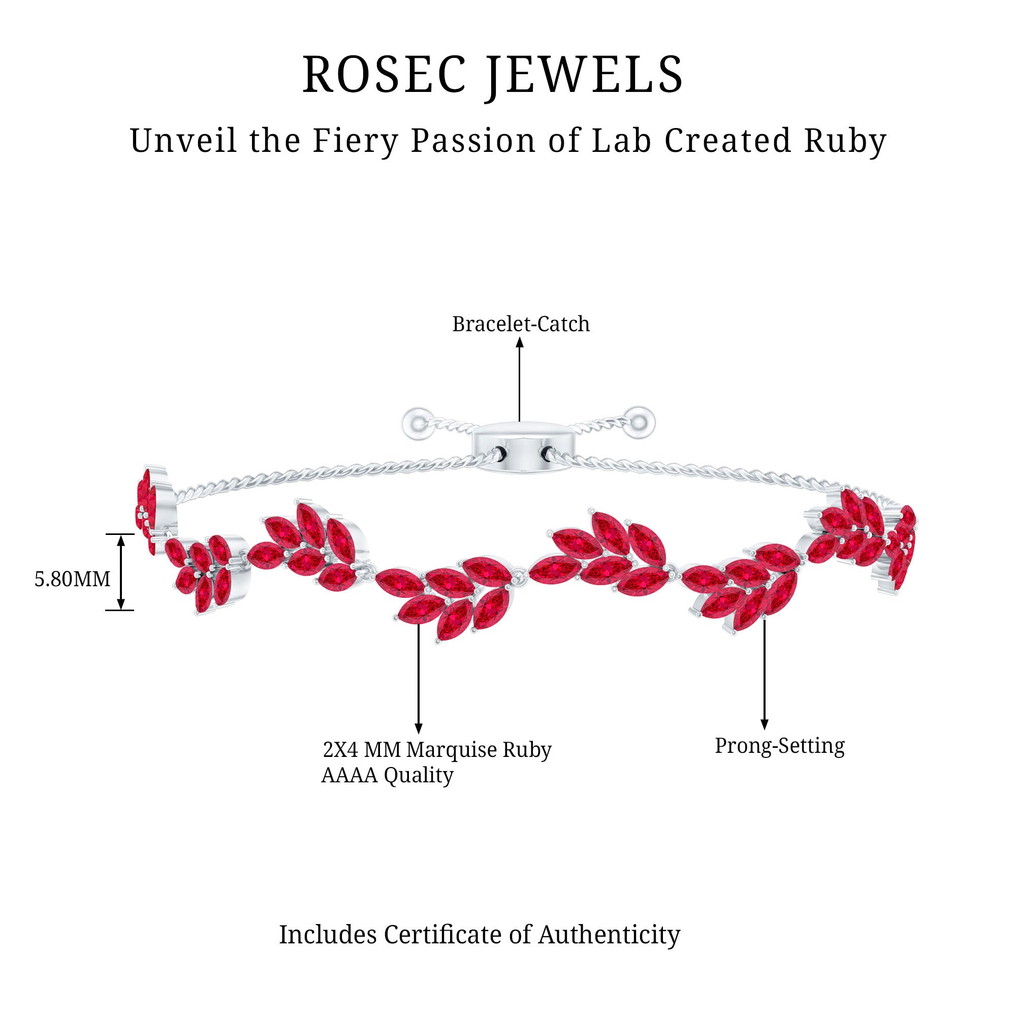 Marquise Lab Grown Ruby Leaf Bolo Bracelet AAAA - Rosec Jewels