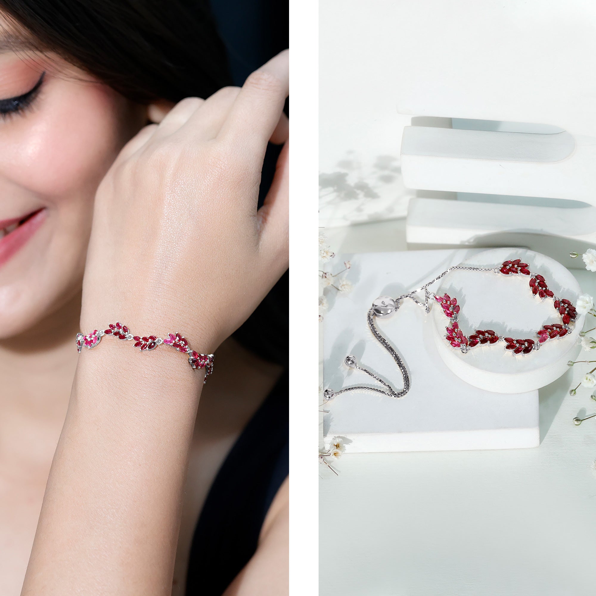 Marquise Lab Grown Ruby Leaf Bolo Bracelet AAAA - Rosec Jewels