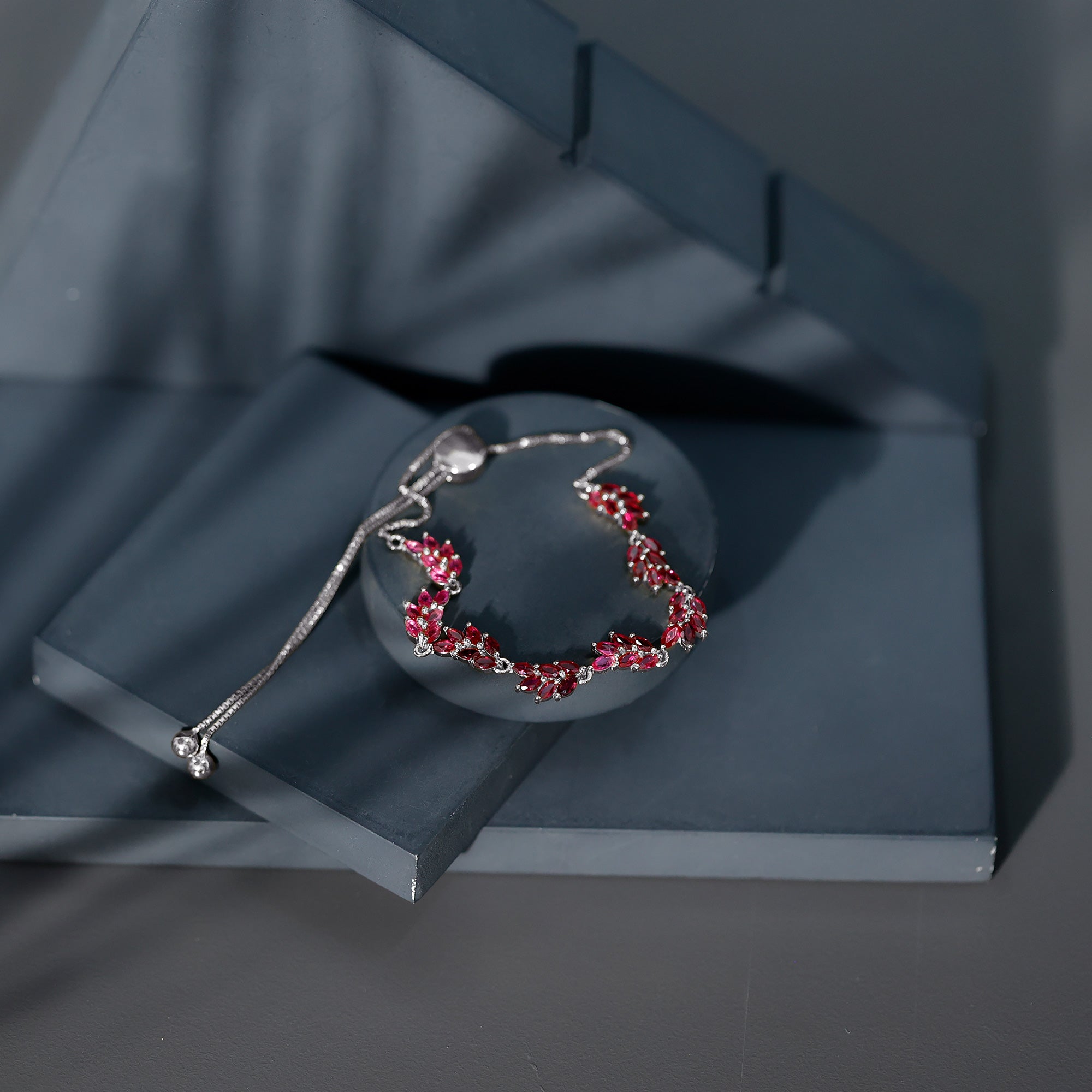Marquise Lab Grown Ruby Leaf Bolo Bracelet AAAA - Rosec Jewels