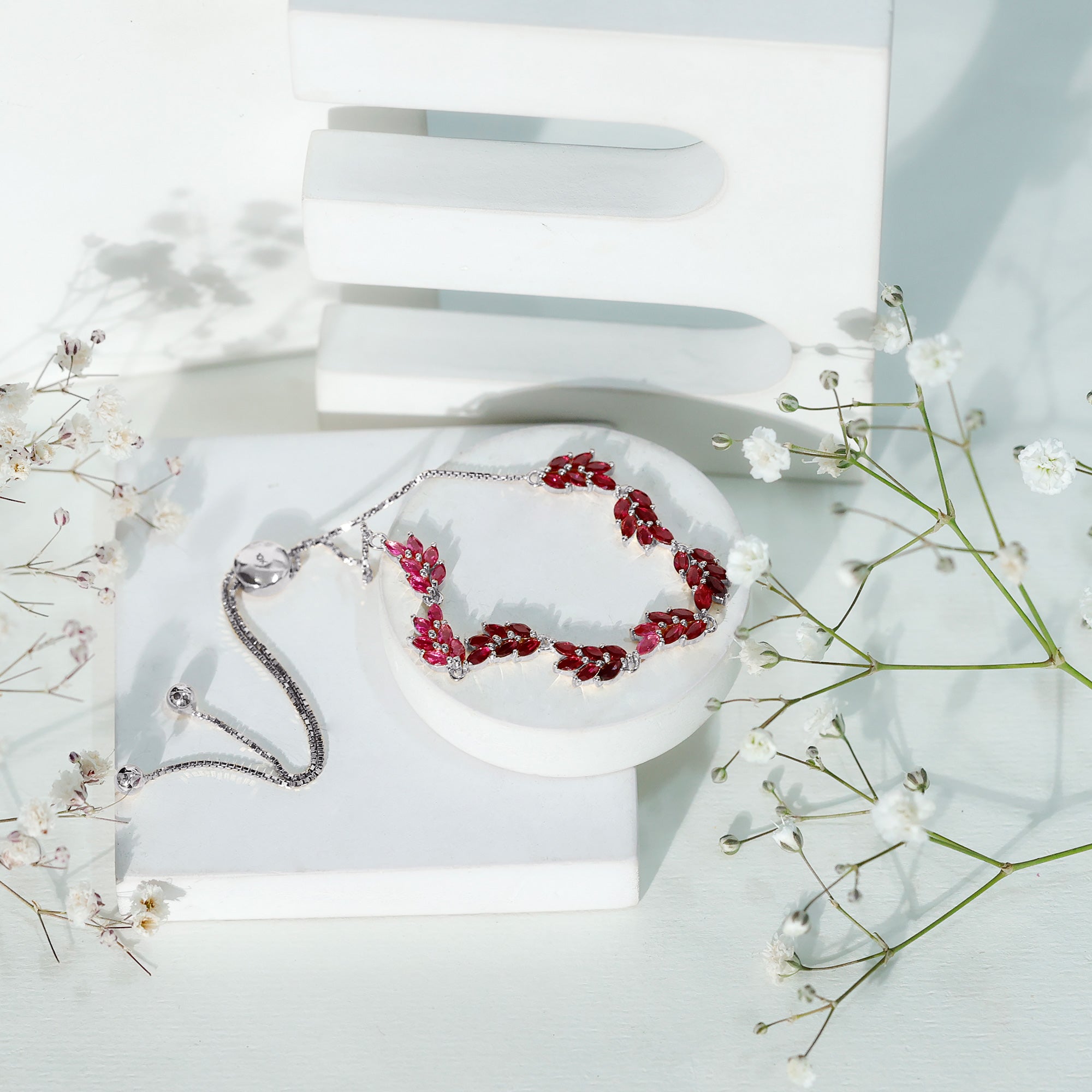 Marquise Lab Grown Ruby Leaf Bolo Bracelet AAAA - Rosec Jewels